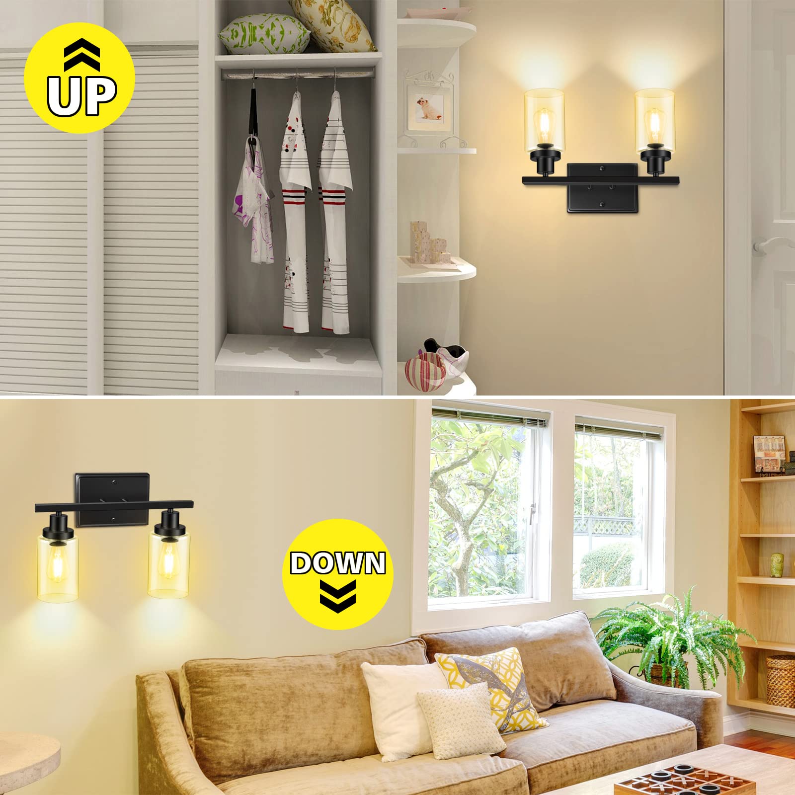 Ascher 2-Light Wall Sconces, Modern Vanity Light Fixture Black Finish, Wall Light With Clear Glass Shade For Mirror Hallway Bedr