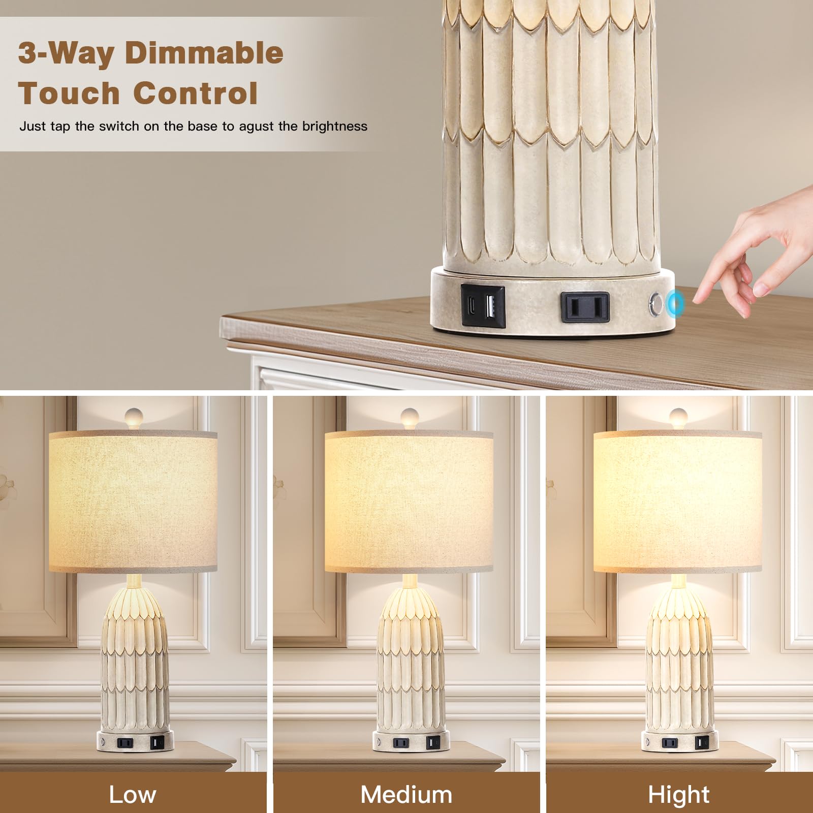 Cinkeda Farmhouse Table Lamps Set of 2, 3-Way Dimmable Touch, USB Ports, Ivory, Model TD-CK-383, Vintage Boho Design, Bulbs Included