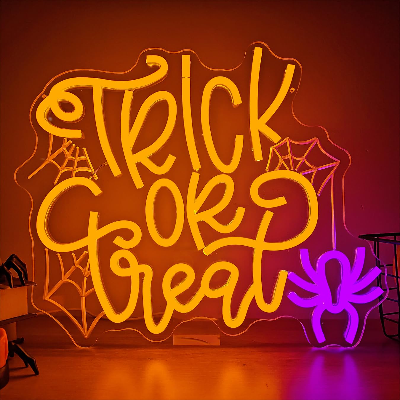 Cheunyar Halloween Neon Sign - Trick Or Treat Wall Decor, Dimmable LED Light, Colorful Acrylic Design