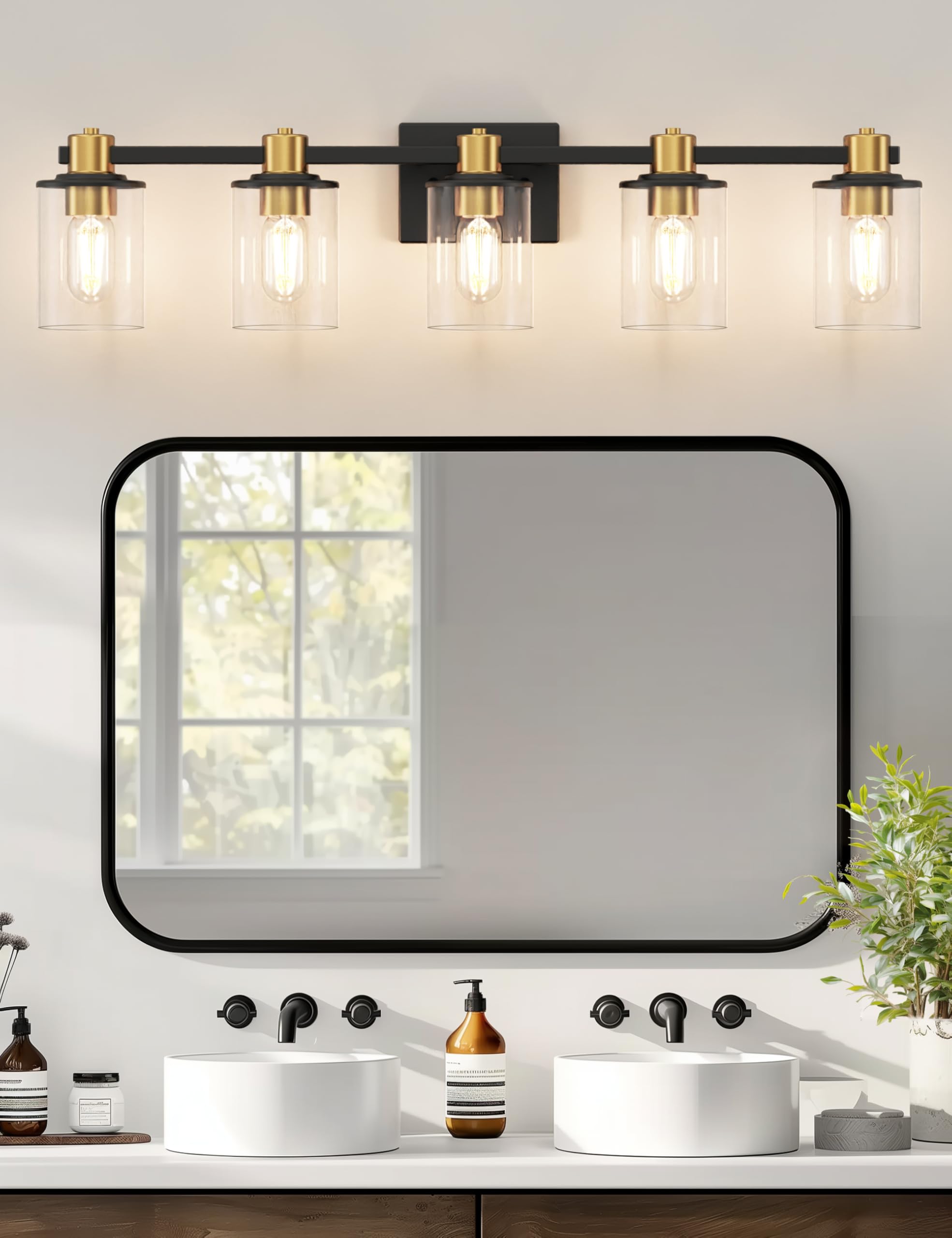 Doresshop 5-Light Udgraded Black And Gold Bathroom Light Fixtures, Modern Bathroom Lights Over Mirror With Clear Glass Shade, Va