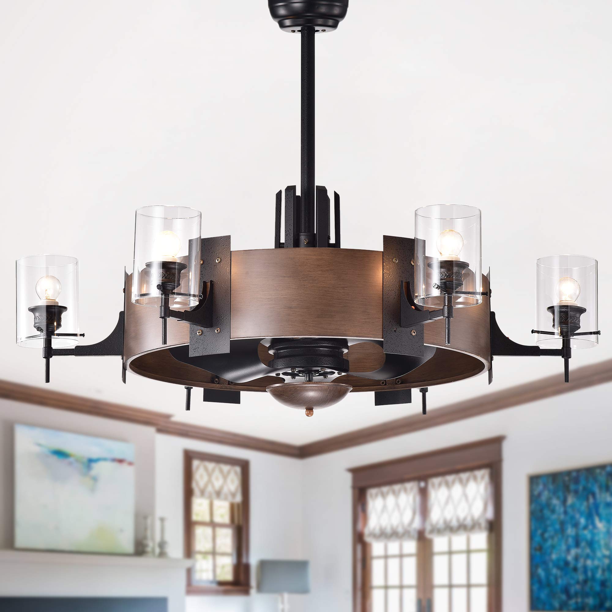 Warehouse Of Tiffany 35&quot; Faux-Wood Ceiling Fan With Remote & Light Kit, Brown