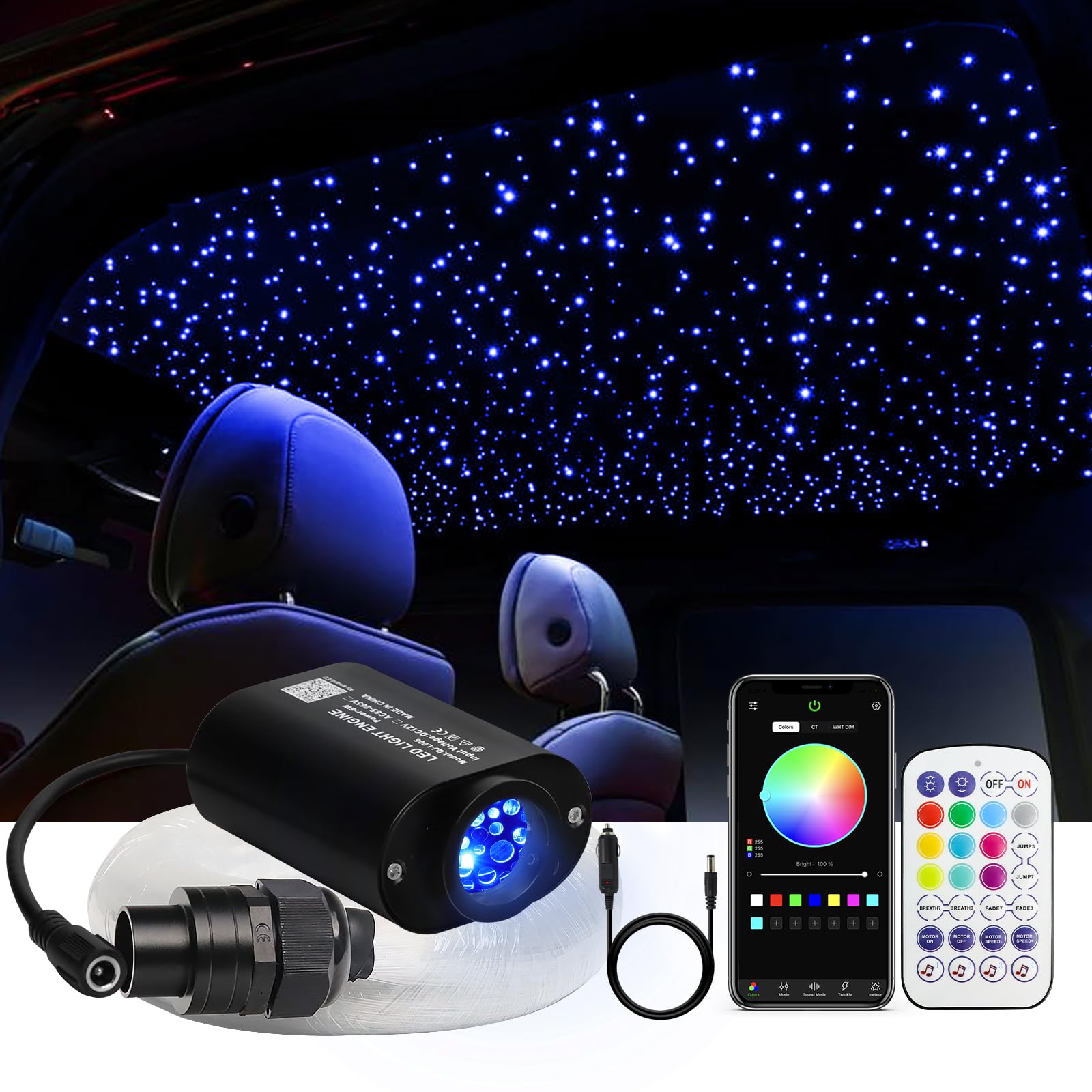 WEBUPAR Fiber Optic Star Lights Kit - 500pcs, Aluminum, 9.8ft, RGBW, Twinkle Effect, Sound-Activated, Remote Control, Model QJ-L006