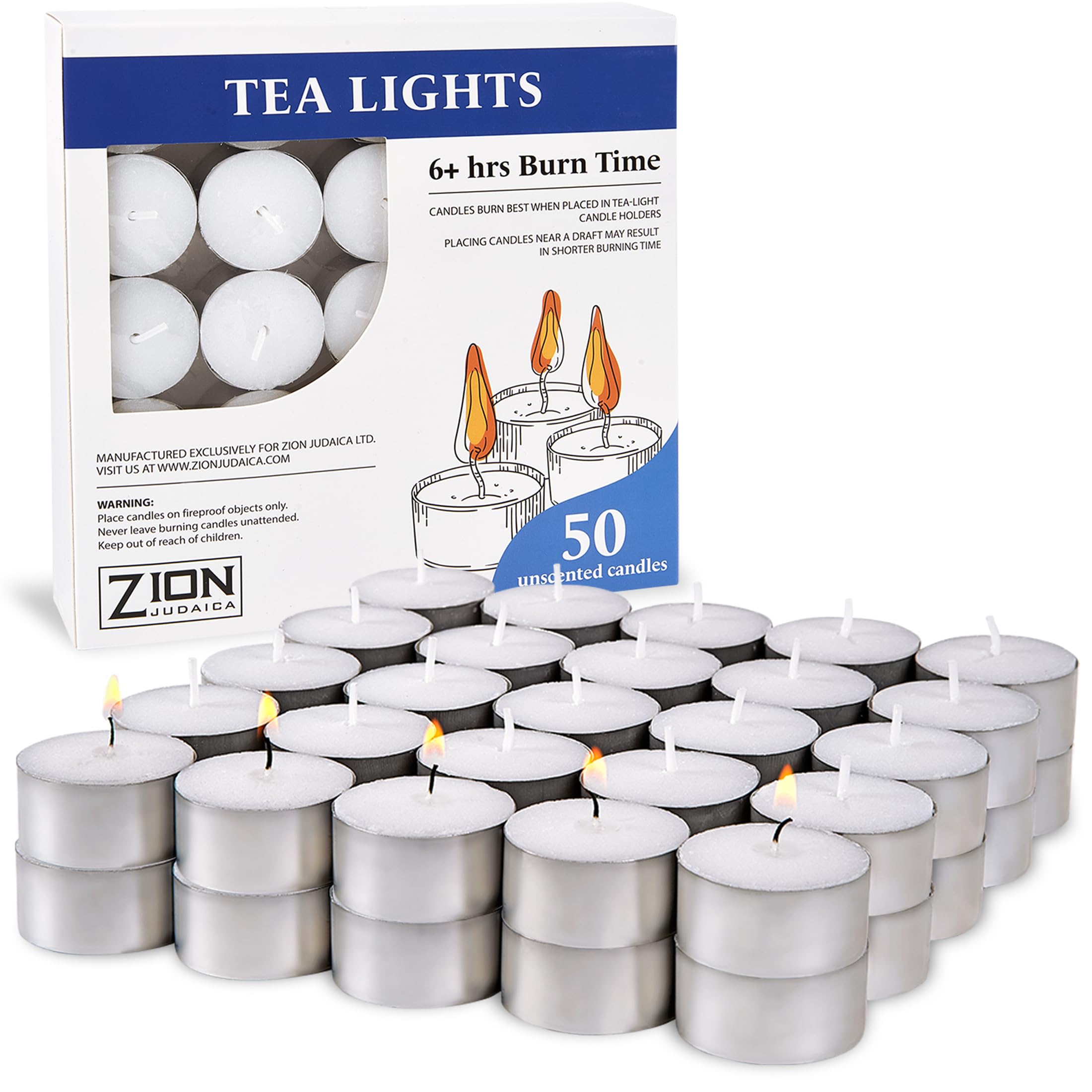Zion Judaica Tealight Candles Set, Unscented, Smokeless, Dripless, 6 Hour Burn Time, White, Paraffin Wax, 50 Count