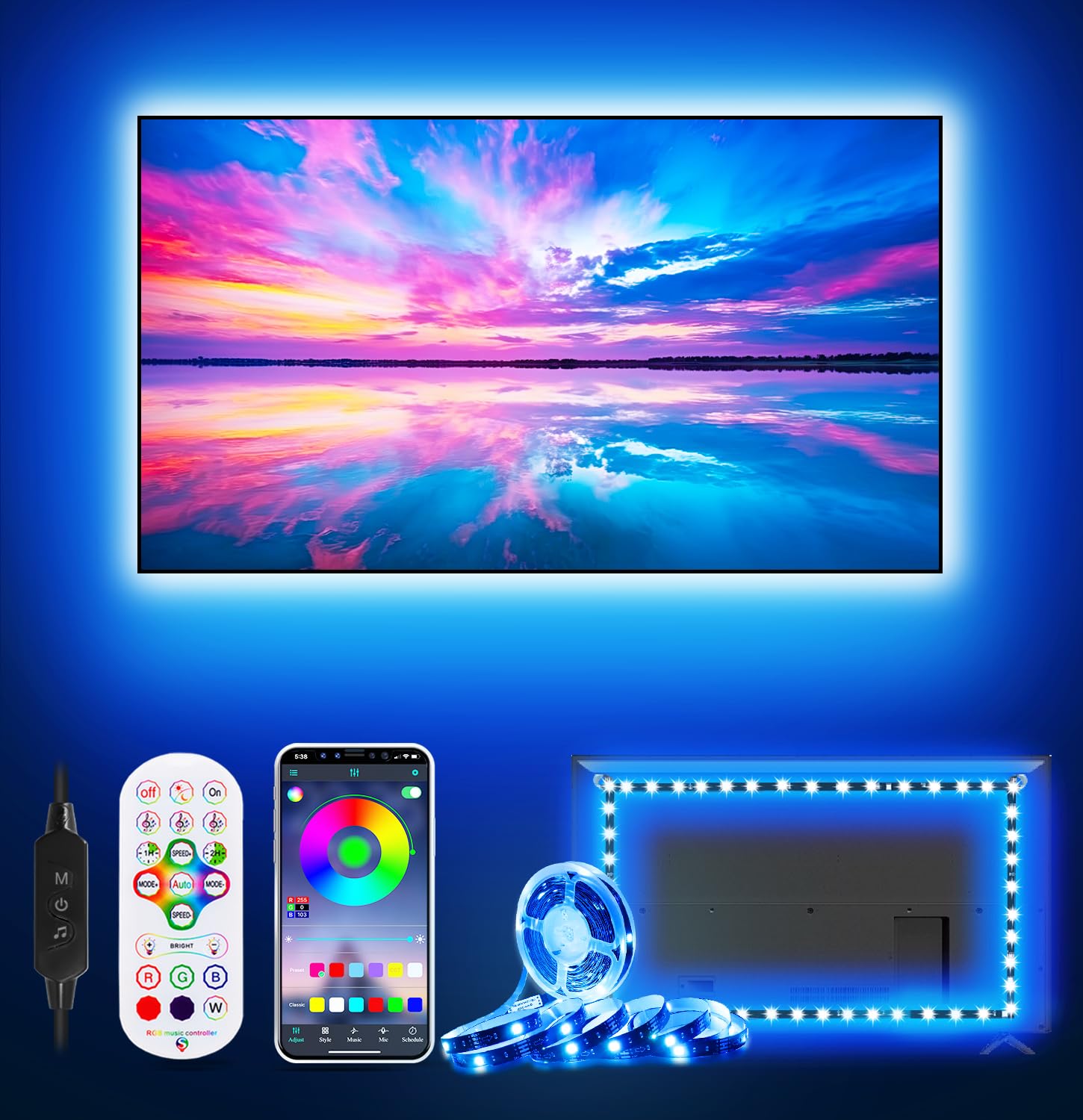 HORYLIT LED TV Backlight Strip Lights, 13.1ft for 43-55 inch TVs, Multicolor, Model HR-QLD-02, APP Remote Control