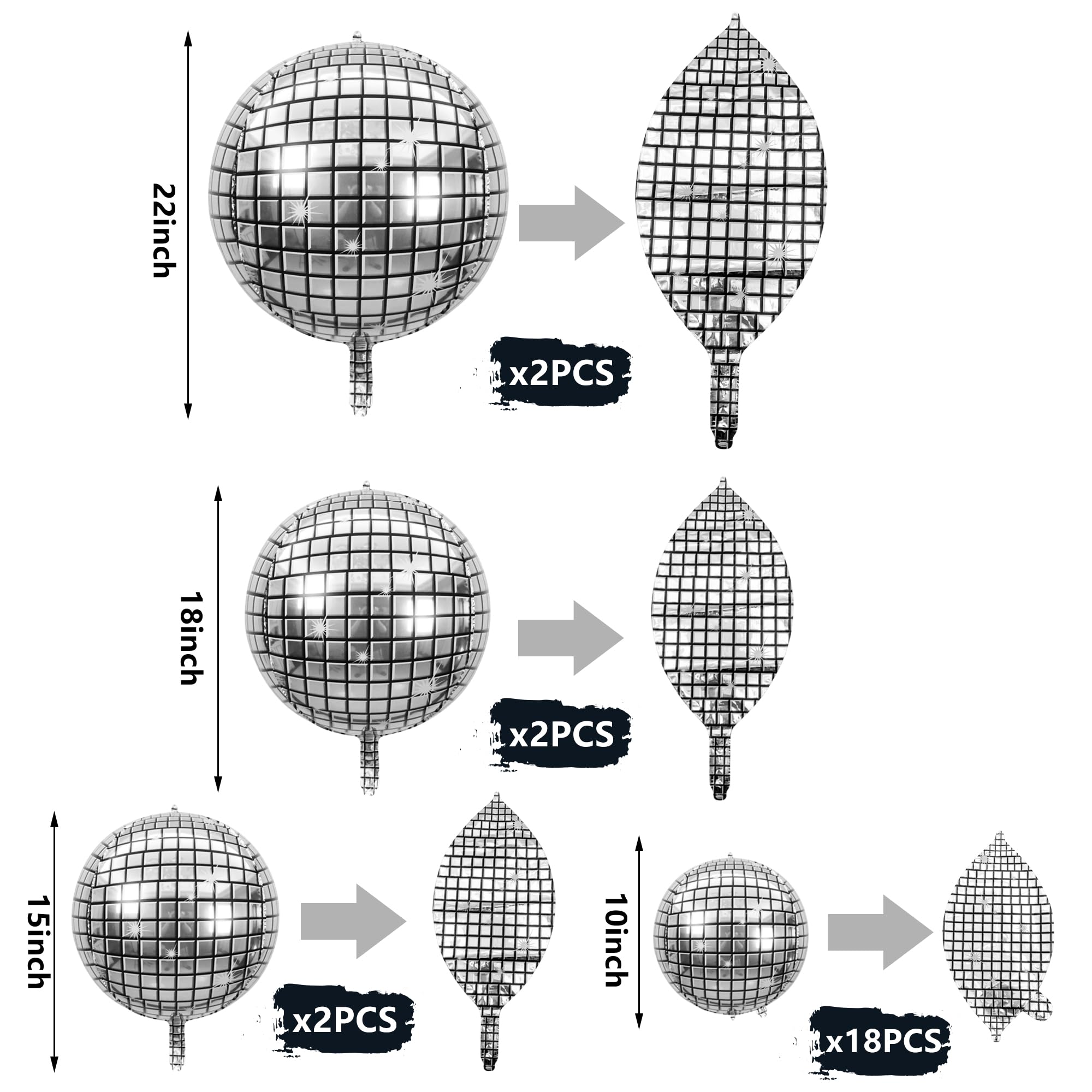 24 PCS Disco Ball Balloons Different Sizes- 4D Large Disco Balloons 10 Inch 15 Inch 18 Inch 22 Inch Assorted Round Metallic Silv
