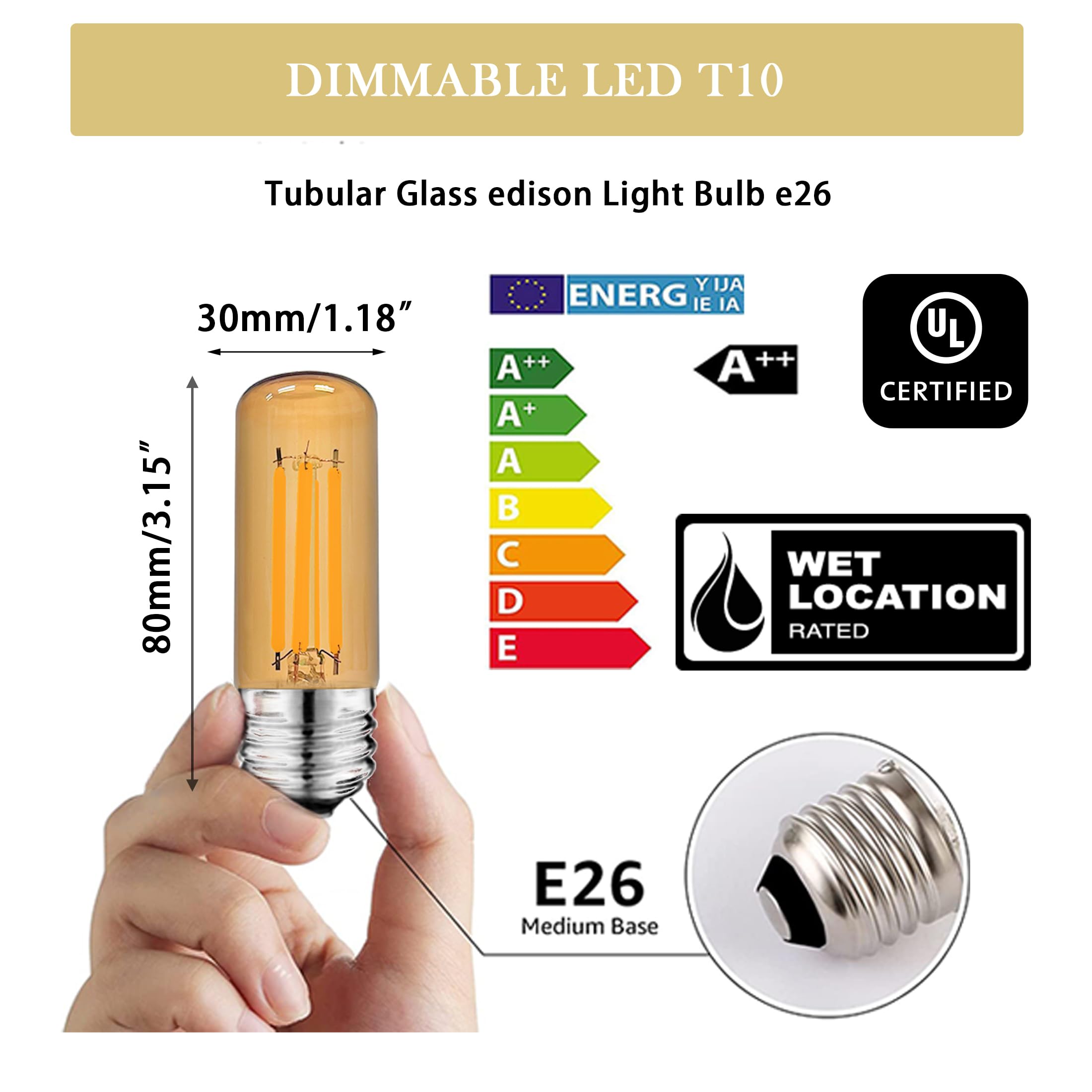 NOVELUX LED Bulb 60W Equivalent Dimmable 3.2 Inch 2200K Amber Glass Tubular 4-Pack