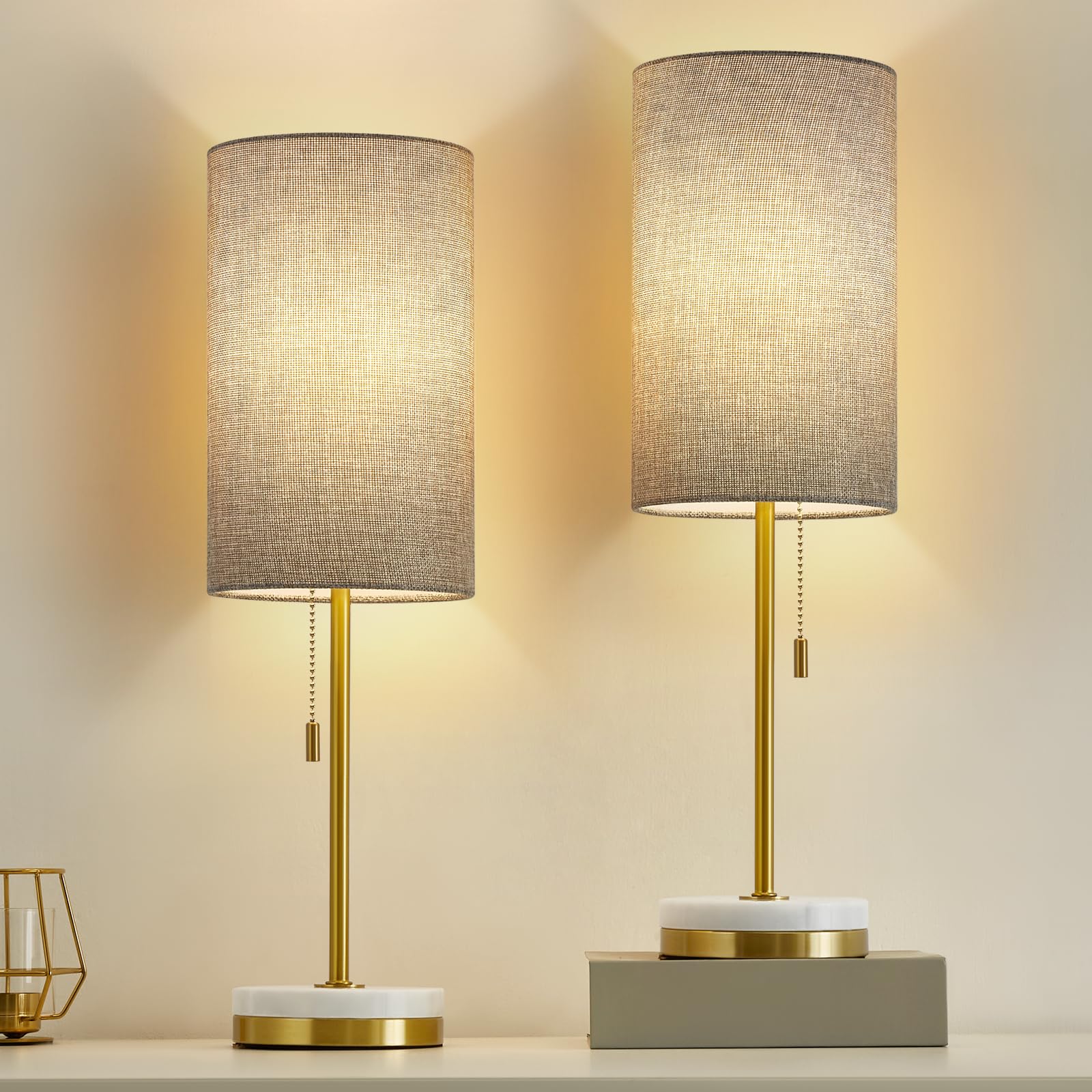Luvkczc Minimalist Table Lamp Set of 2, Modern Pull Chain Bedside Lamp, Marble Base, Fabric Shade, Grey, Model 2TL-066C