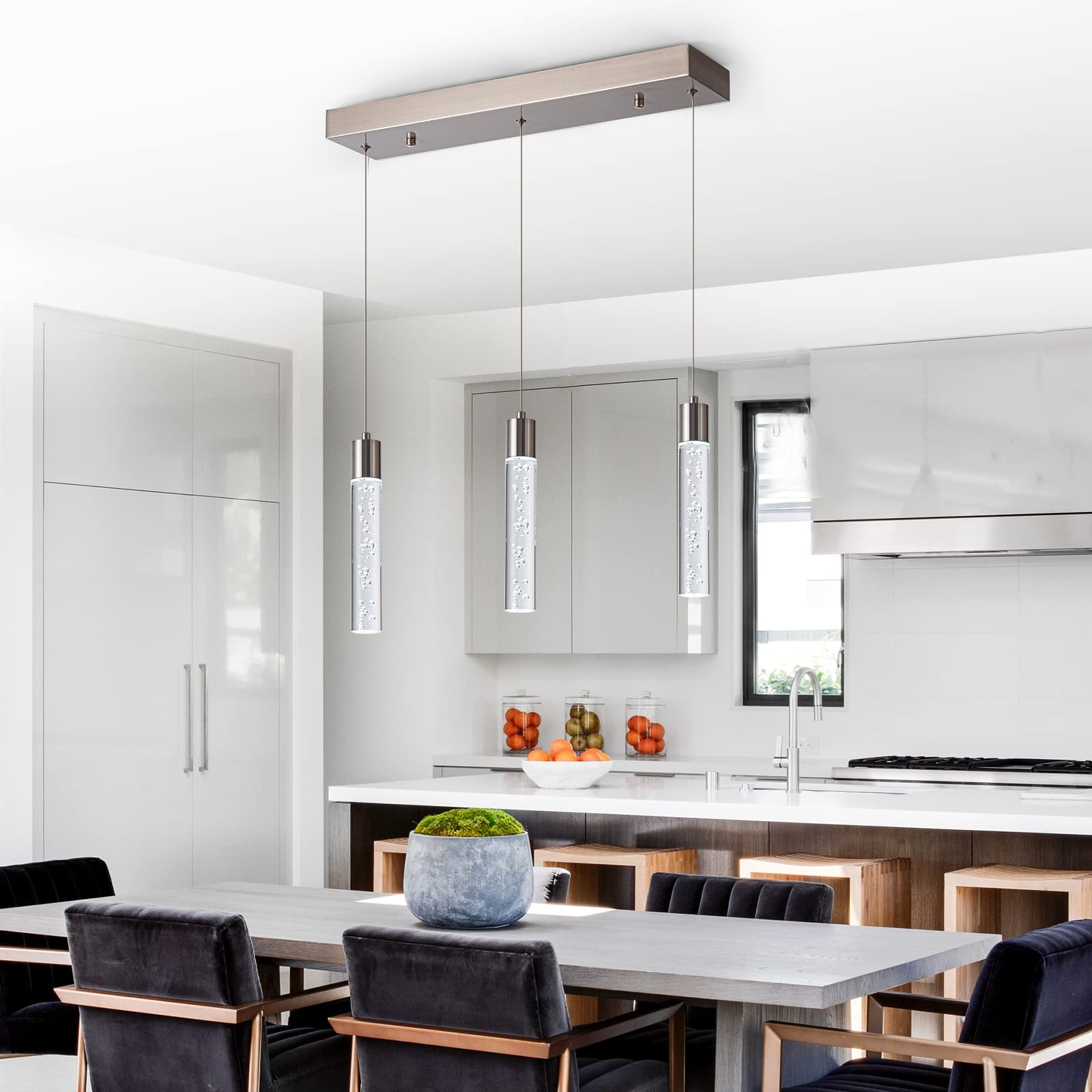 BESTWEST Modern Pendant Light - 3-Lights, Brushed Nickel, Dimmable, Adjustable Height, Model BW-02-3Z-BN24W
