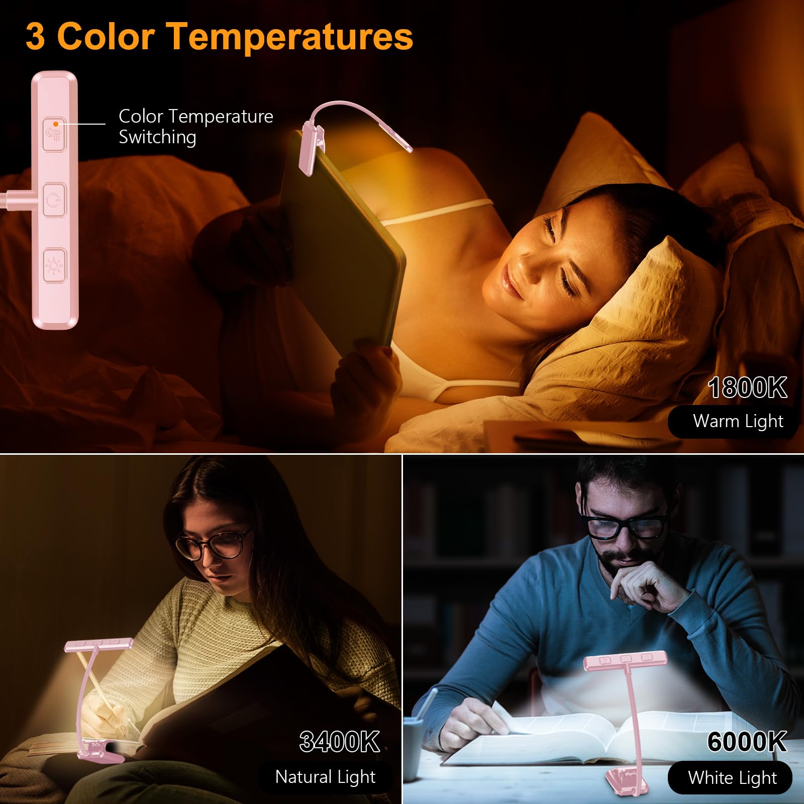 Gritin 19 LED Rechargeable Book Light - 3 Color Temperatures, Stepless Dimming, 80 Hrs Runtime, Clip-On, Pink