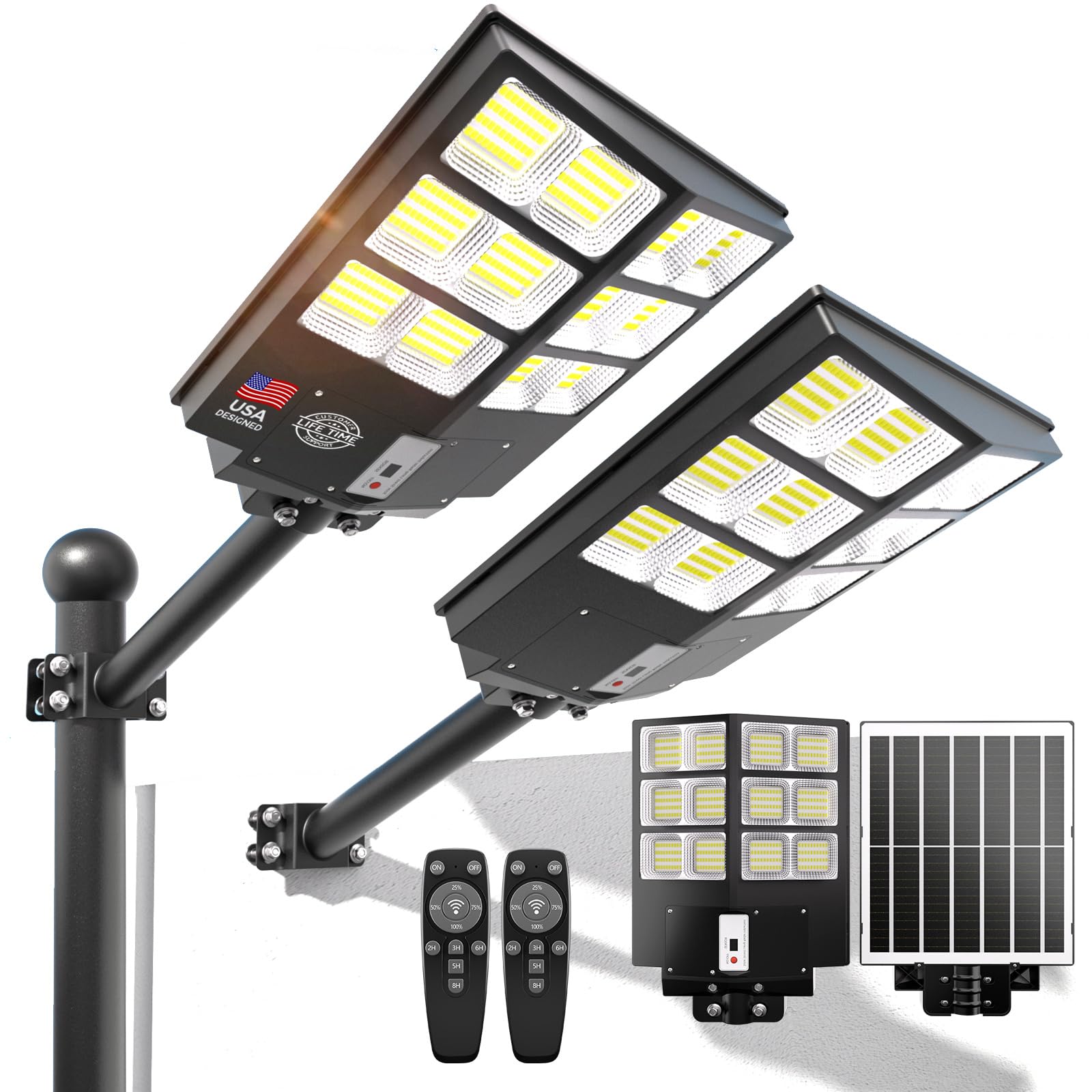 PFCTART Solar Street Lights Outdoor  6500K Solar Lights Outdoor Waterproof Dusk to Dawn  Security Flood Light with Motion Sensor and Remote for Yard  Garage  Driveway (2000W-(2 Pack))