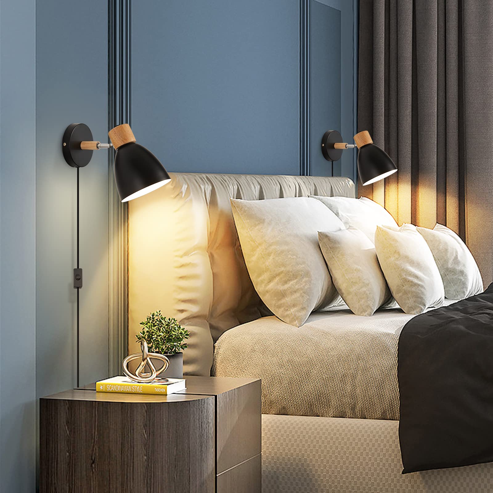 Eyooer Wall Sconces Plug In, Swing Arm Wall Lamp With Power Cord, Black Plug In Wall Lighting Fixtures Set Of Two, Bedside Wall