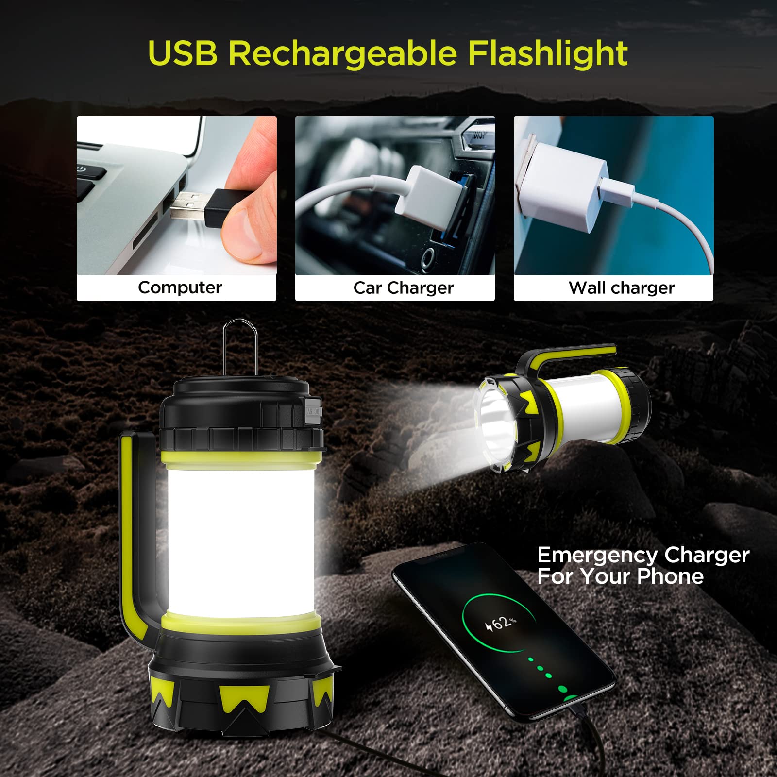 Bochaos Rechargeable Flashlights - 6 Modes Led Lantern, 3000Mah Battery, Ipx4 Waterproof, Medium-2Pack, Green, Model Hc-261