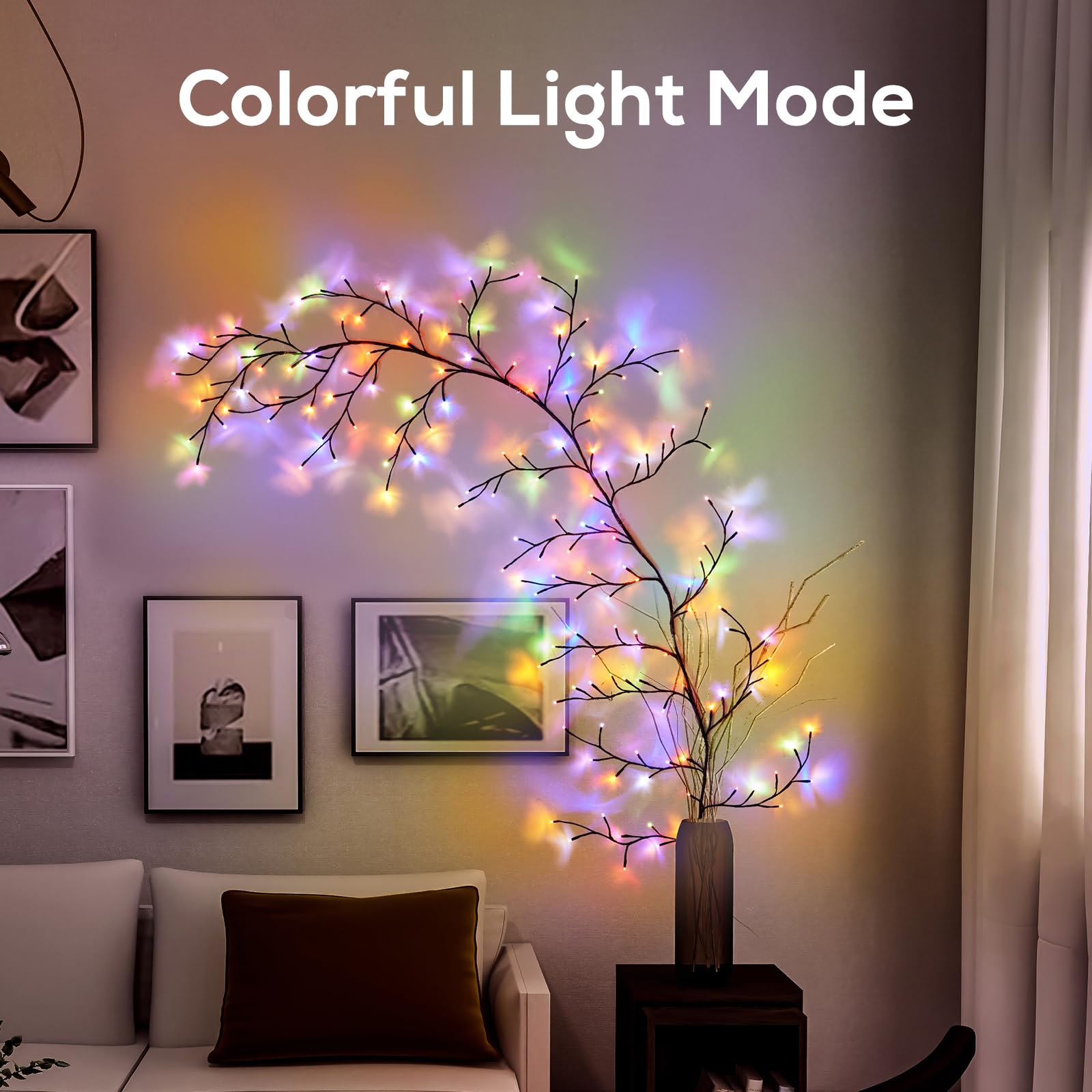 YCoisini Enchanted Willow Vine Lights, 8.2FT, 160 LEDs, Multicolor, Voice-Activated, Wall Decoration, Model USA-UP-BROWN