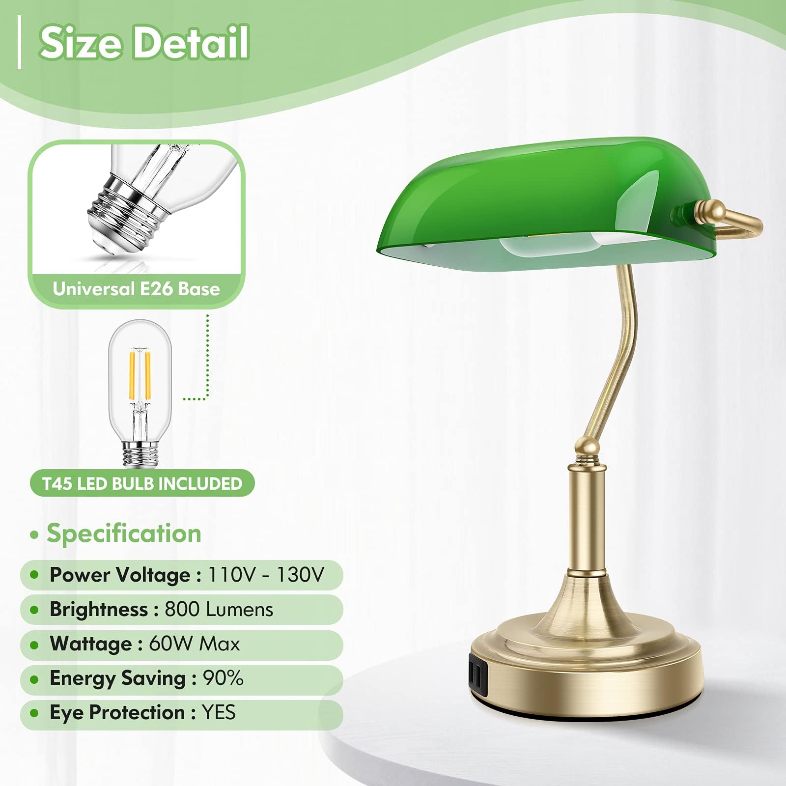 Brightever Bankers Lamp - 3-Way Dimmable Touch Control Green Glass Desk Lamp with Brass Base, 2 USB Ports, Model T1001-1AB