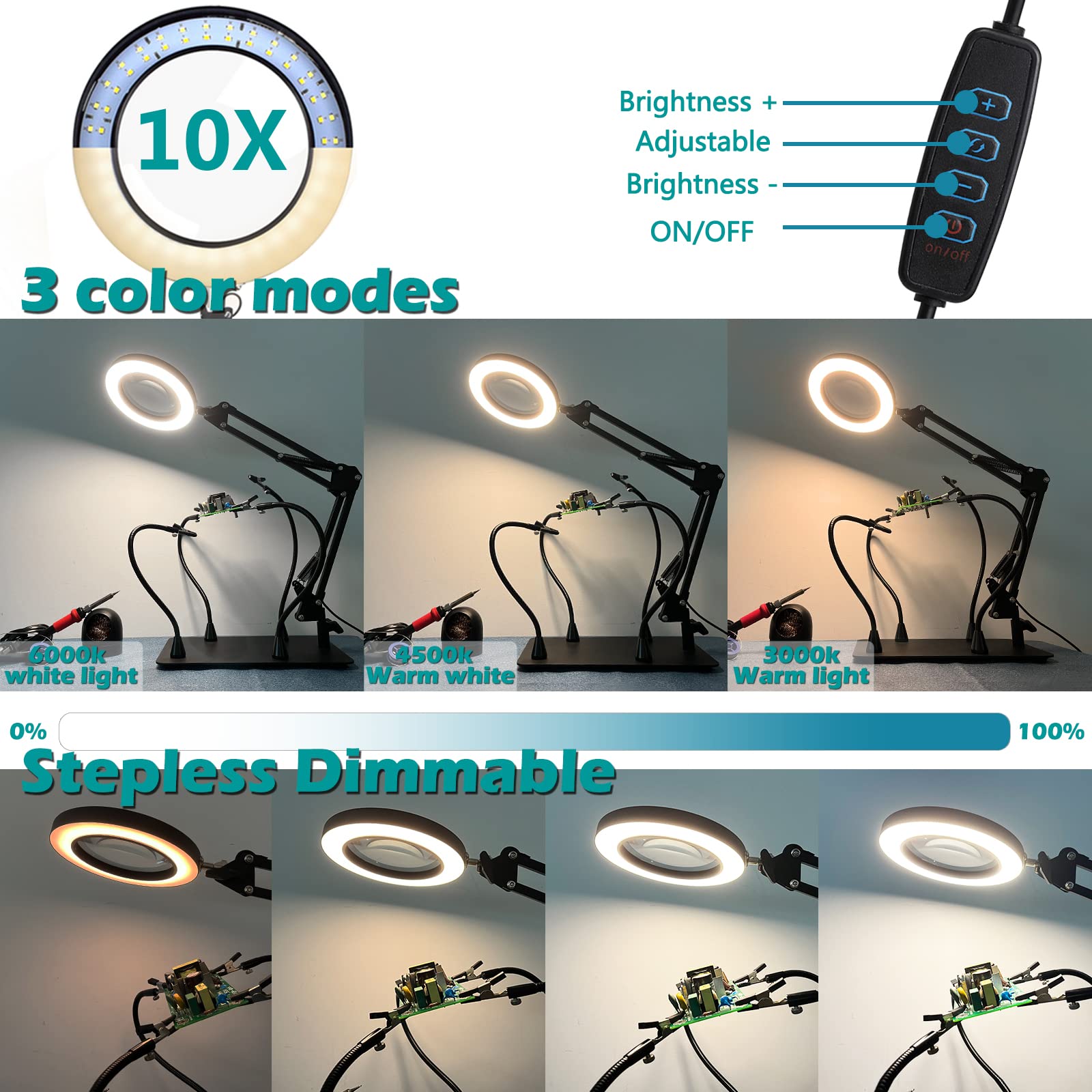 Kuvrs 10X Magnifying Glass With Light And Stand, Flexible Magnetic Helping Hands, Large Base & Clamp Magnifying Lamp, 3 Color Adjustable Arm Hands Free Magnifier With Light For Soldering Craft Hobby