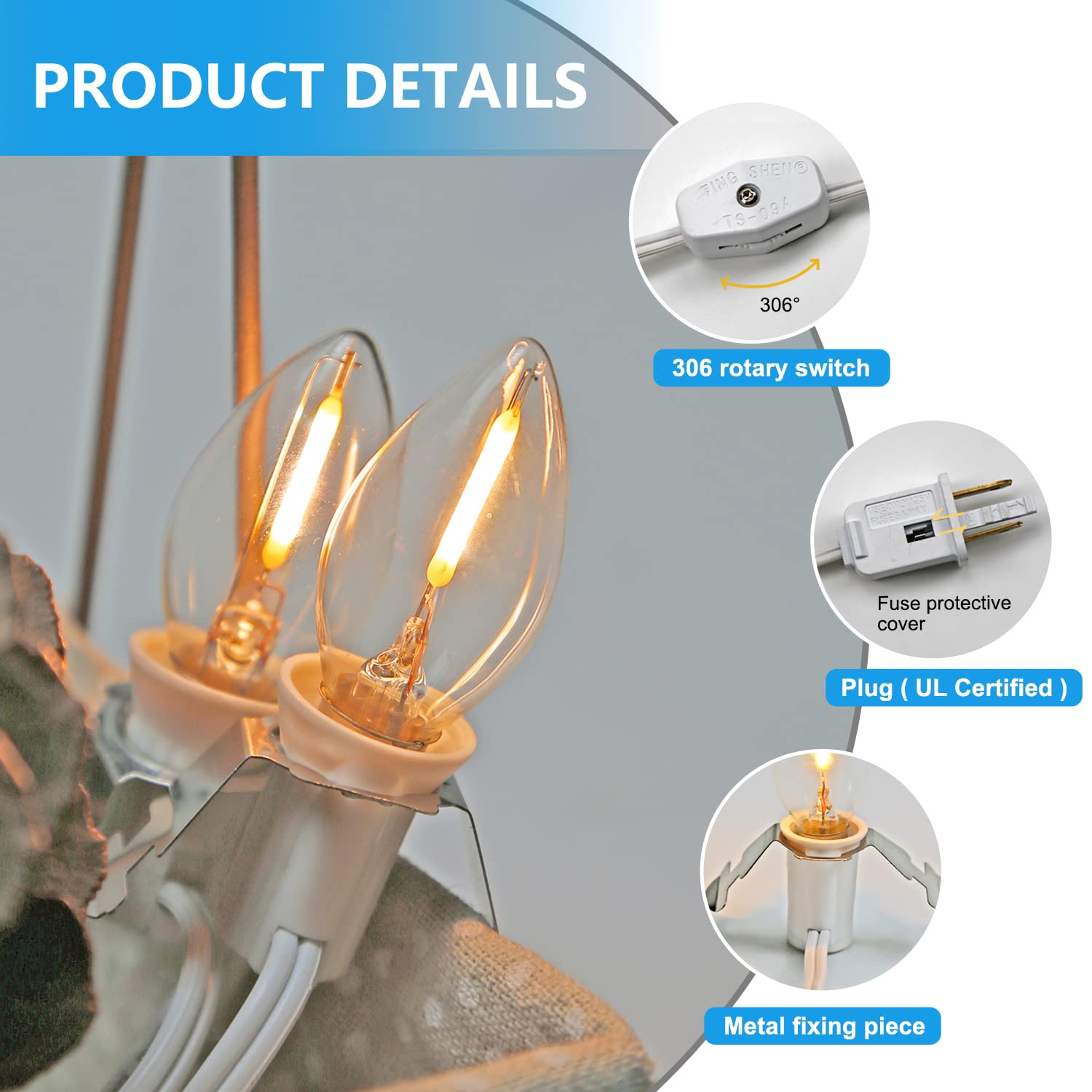 Futime Set Of 4 Accessory Cord With One Led Light Bulb 6Ft Blow Mold Light Indoorstring Lights, C7 Lamp With Spare Fuse For Halloween And Christmas Decorations, Craft Village House Decoration