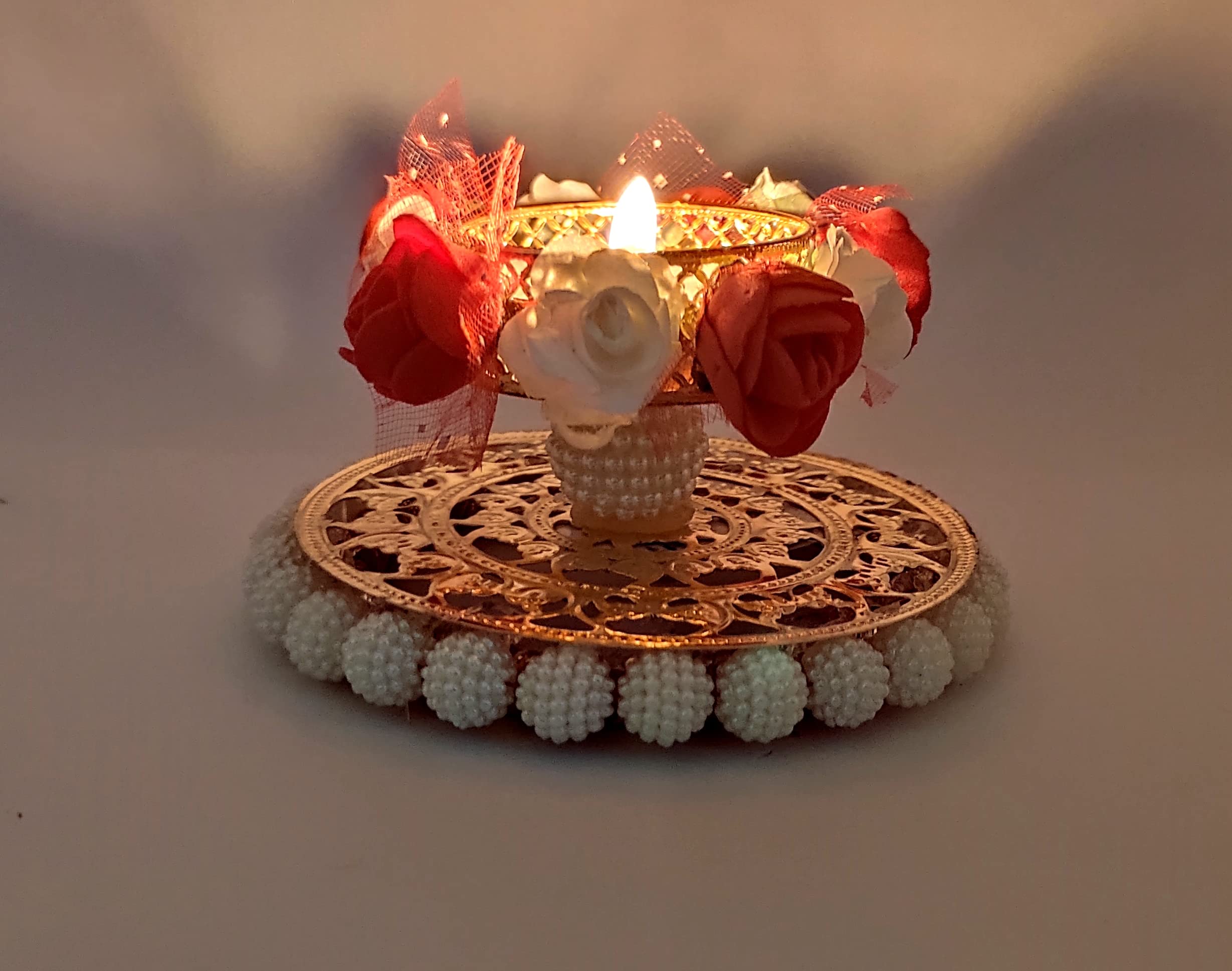 Vibhushita Pack of 2 Metal and Plastic Designer Red Flowers 2 Layer Decorative Handmade Diwali Oil Wax Lights with 2 T-Light Can