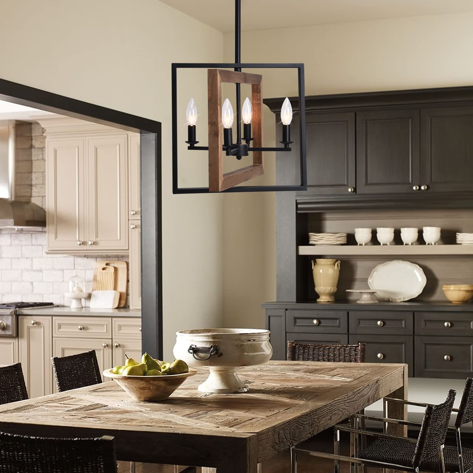 Lingkai Farmhouse Chandelier Pendant Light Fixture, 4-Light, Wood Finish, Model LKCH005WD-4, Ideal for Rustic Kitchen or Dining Room