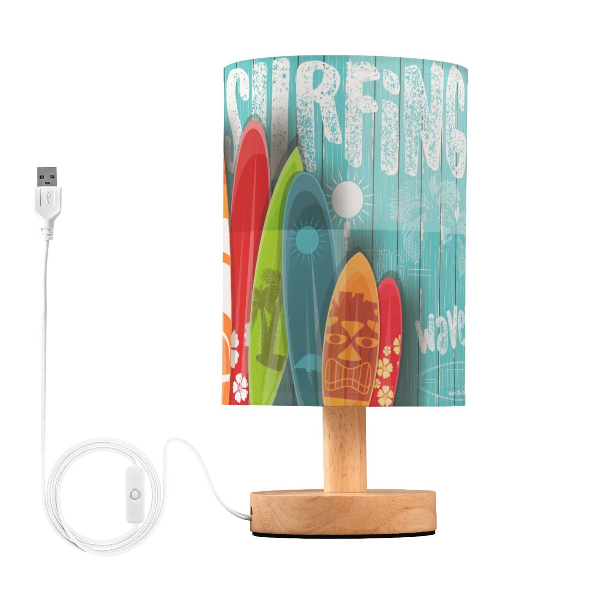 YYZZH Table Lamp Colorful Surfboard Palm Tree Graphic Blue Wooden Summer Ocean Nightstand Lamp with Wood Base Fabric Lamp Shade 