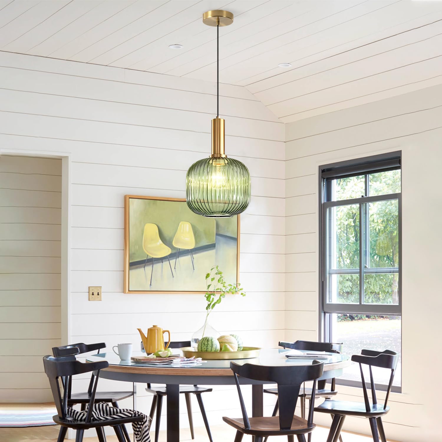 KCO Vintage Green Glass Pendant Light - Ribbed Globe Fixture, 20cm, Brass Gold, Model L1162-G