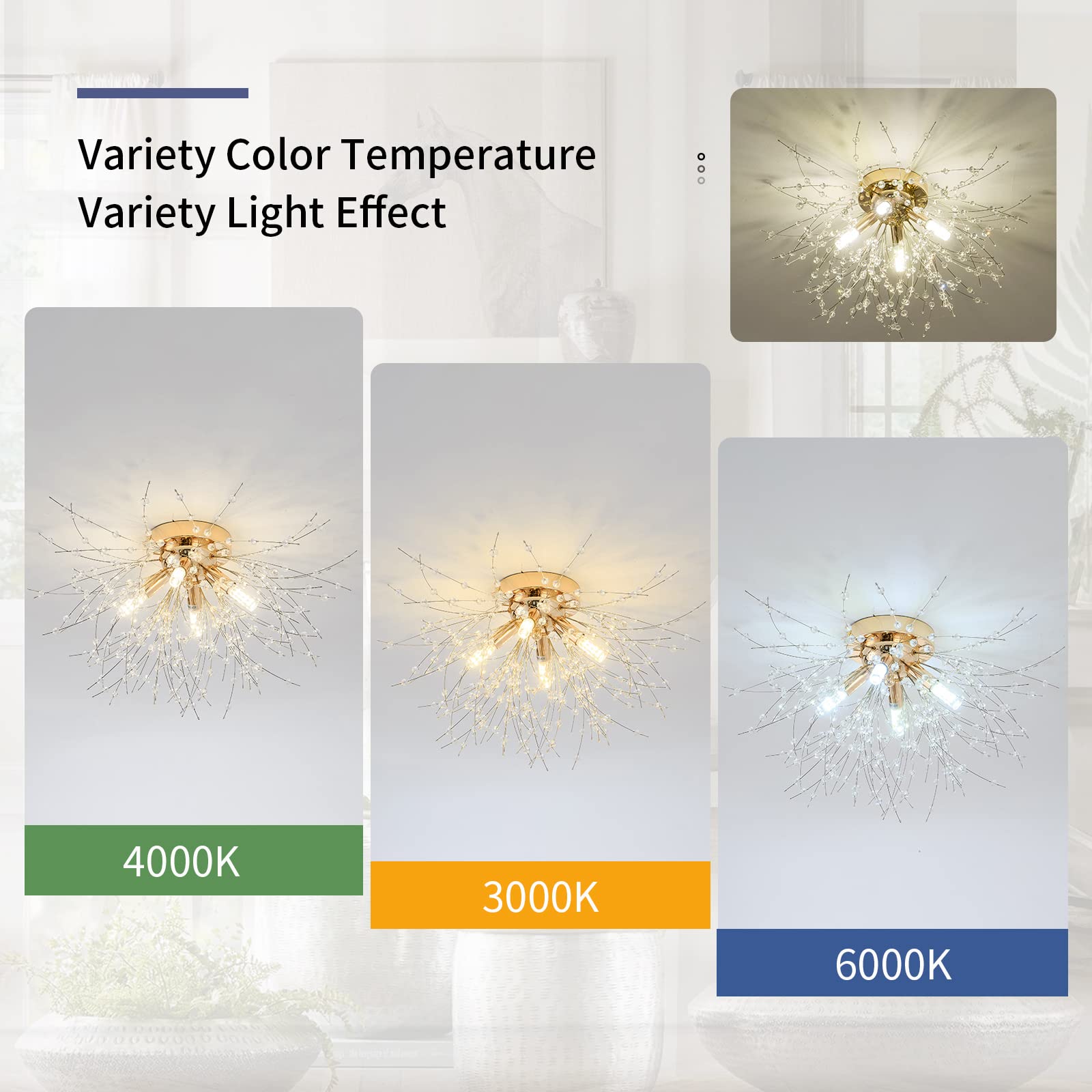 Modern Small Crystal Ceiling Light Fixture, 4-Light Gold Crystal Sputnik Firework Chandelier, Semi Flush Mount Ceiling Light Fix