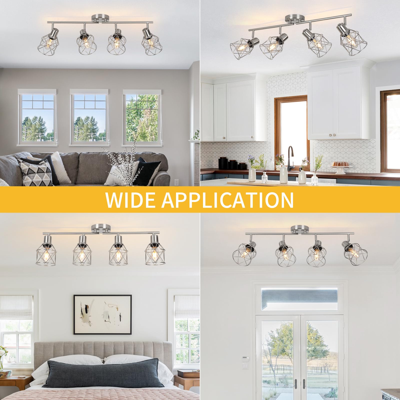 Wilon 4 Light Track Lighting Kit 4 Way Ceiling Spotlight, Modern Flush Mount Ceiling Light Brushed Nickel Kitchen Ceiling Light Fixtures Kitchen Track Lighting Flexibly Rotatable Light Head E26 Base