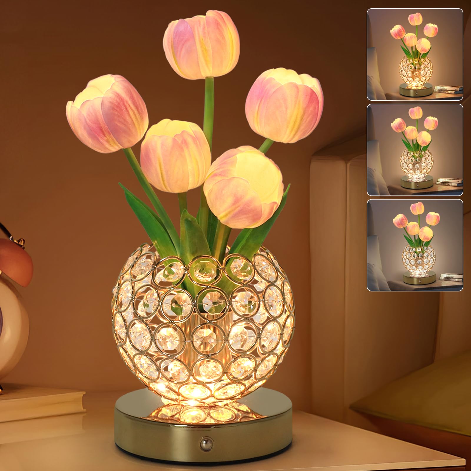 Strackvial Tulip Flower Lamps, 3 Colors Touch Stepless Dimming Crystal Night Light, Rechargeable Artificial Flower Light, LED Fl
