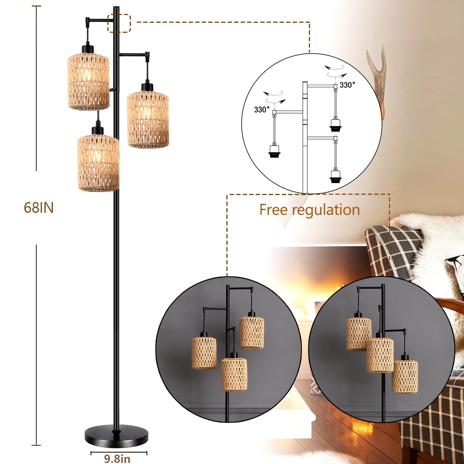 QIYIZM Floor Lamp - 3-Lights Boho Rattan Tree Lamp, Industrial Black, Rustic Woven Bamboo Shade, Ideal for Living Room and Bedroom