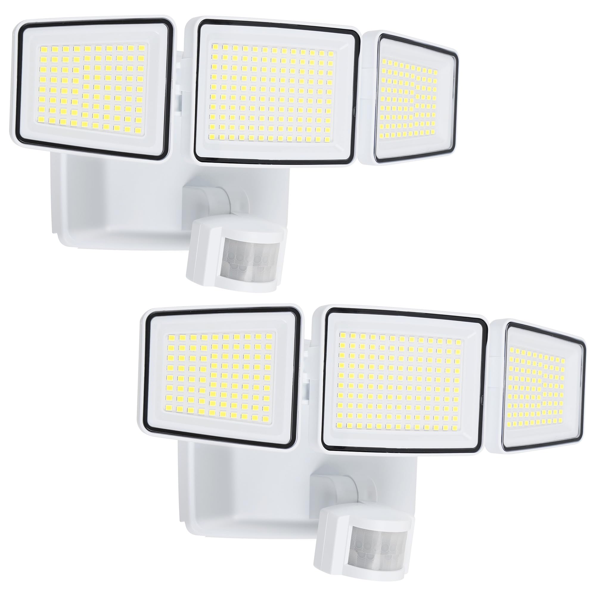 UME Battery Powered Motion Sensor Outdoor Lights 302 LED 1800LM  IP65 Waterproof Battery Operated Flood Lights Outdoor  3 Heads Security Motion Light with 3 Modes for Garden Patio Yard  2 Pack (White)