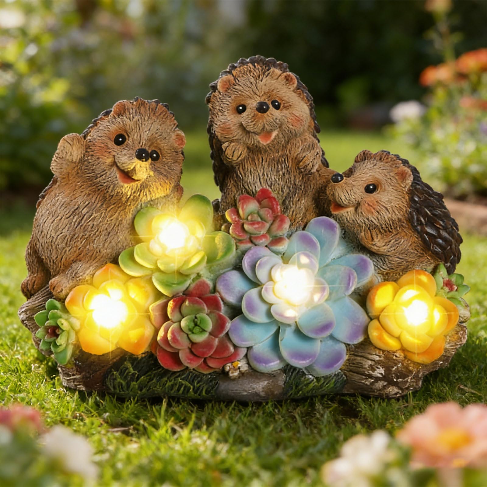 JJALIGHTS 3 Hedgehog Solar Garden Statues with Succulent Animal Figurines Resin Hedgehog Decor Outdoor Statues, Ideal Decoration