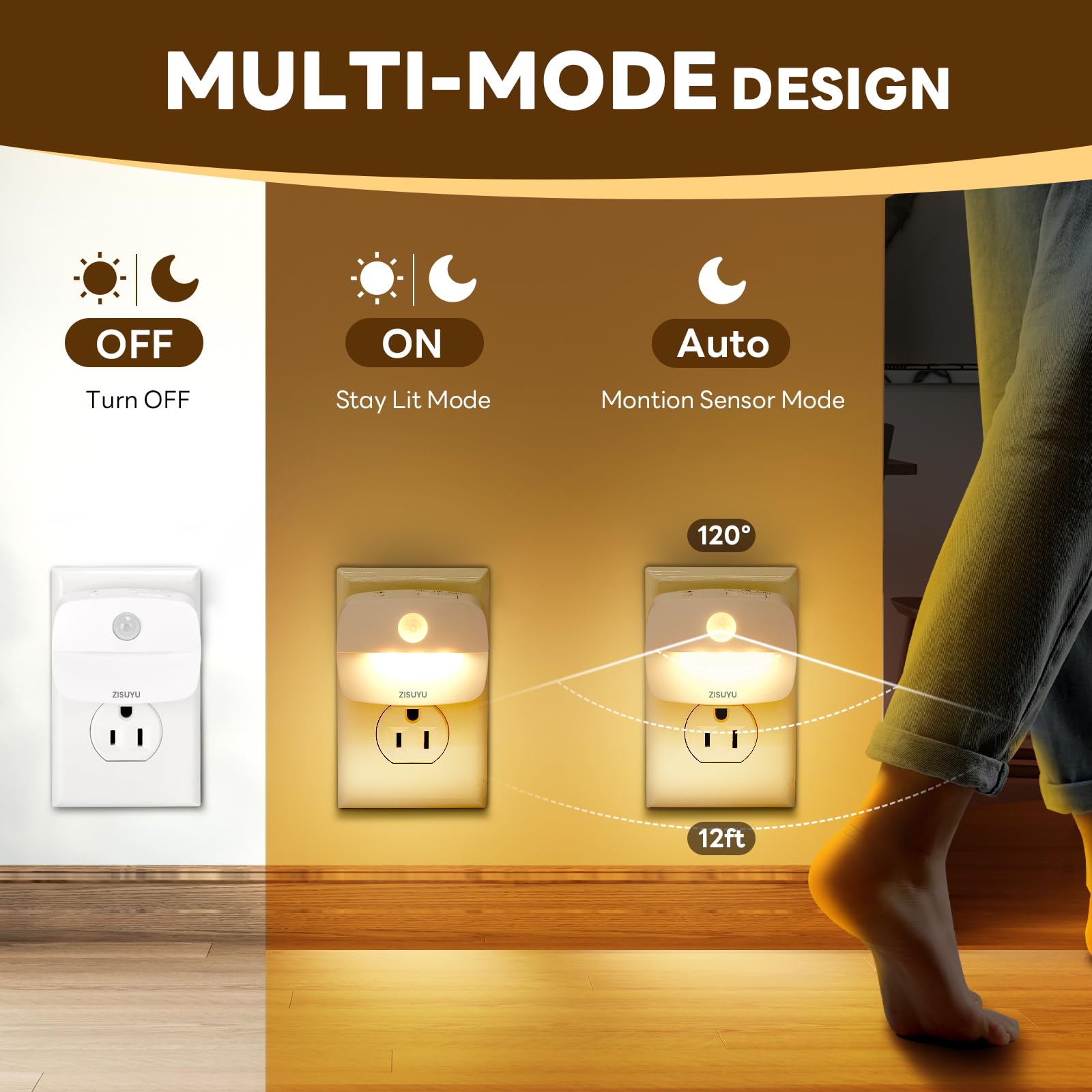ZISUYU Plug-in LED Night Light, Motion Sensor, Dimmable, 6 Pack, Cool White, Model ZU07