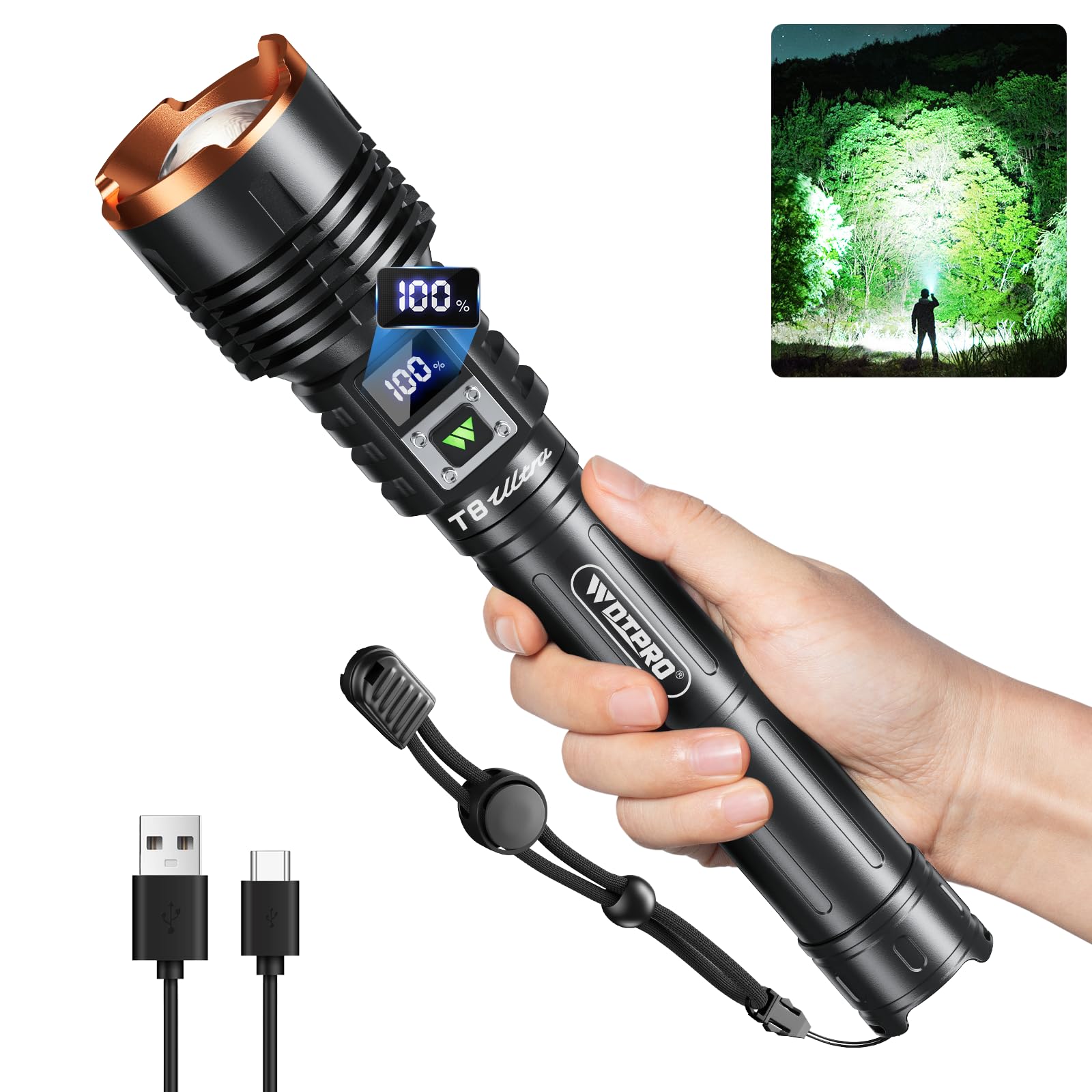 WdtPro Rechargeable LED Flashlights High Lumens  Super Bright 90000LM Rechargeable Flashlight with LCD Display  5 Modes & Waterproof Powerful 10000mAh Handheld Flashlight for Camping Emergency