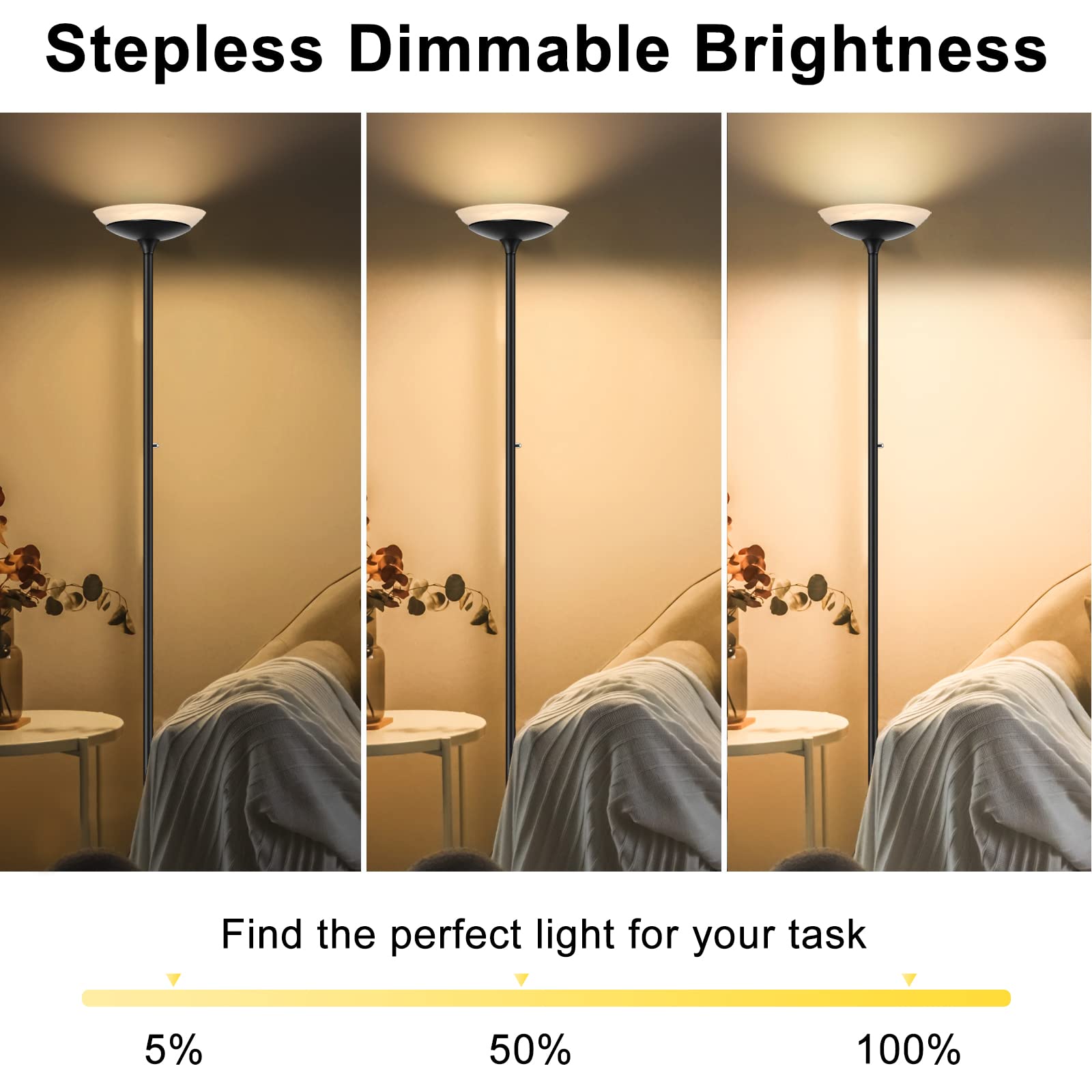 Boostarea Torchiere Floor Lamp, 30W Super Bright Led Standing Lamp, Stepless Dimmable Pole Lamp With 3000K Lighting, Rotary Swit