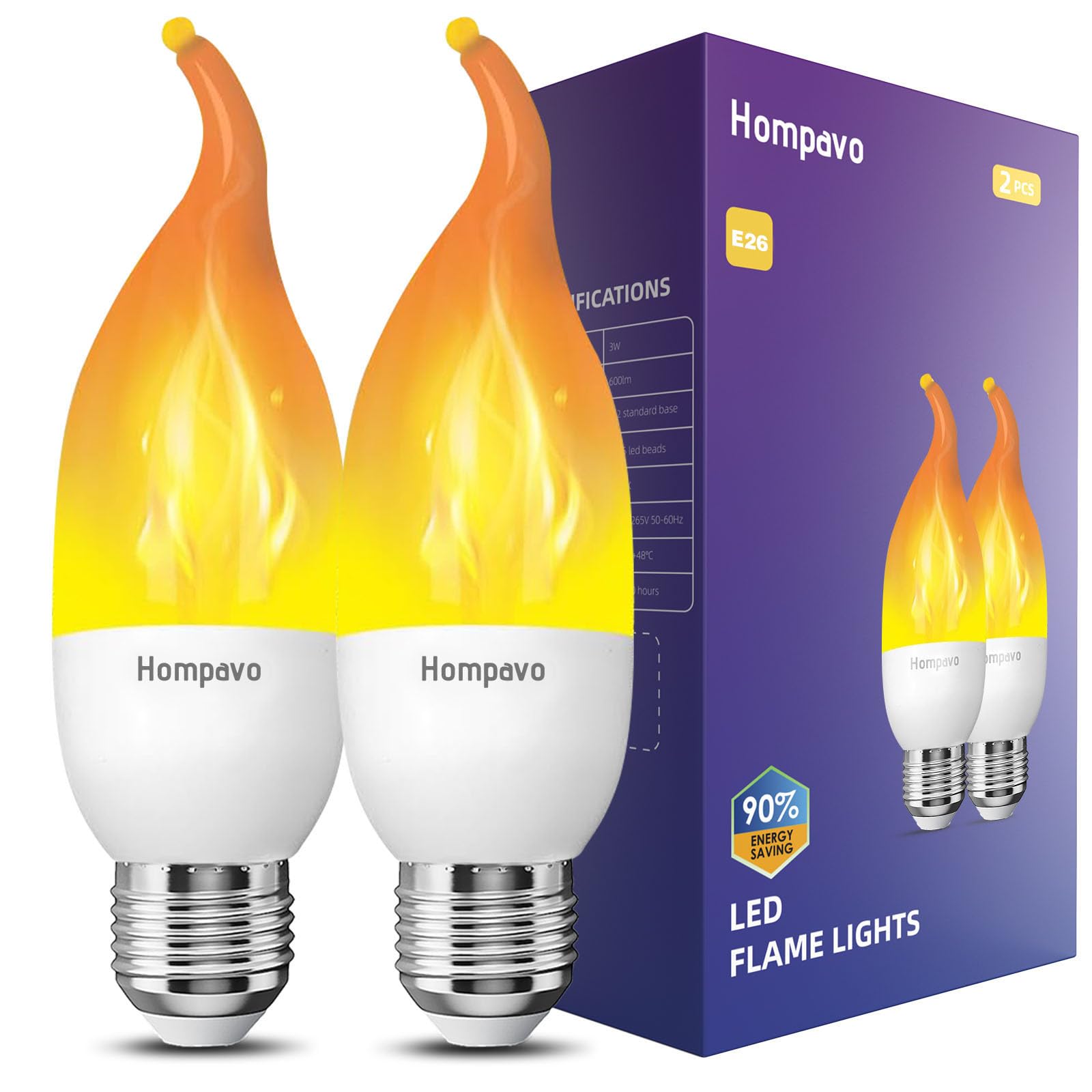 Hompavo LED Flame Light Bulbs, E26 Chandelier Base, 3 Modes Flickering, 2 Pack, Plastic, Candle Angular2