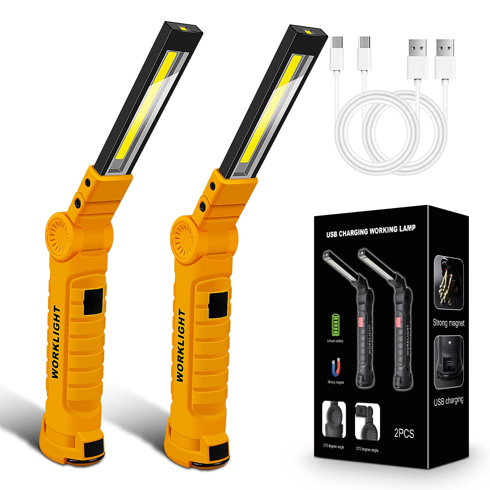 2Pack LED Work Light, USB Rechargeable COB Light with Magnetic Base 360Rotate and 5 Modes, Folding Flashlight Inspection Light f