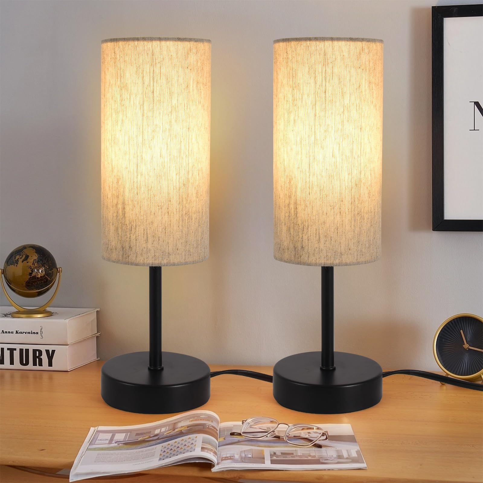 RISLG 2 Pack Small Table Lamps for Bedroom, Bedside Lamps for Nightstand with Wire Switch, Minimalist Modern Desk Lamps with Lin