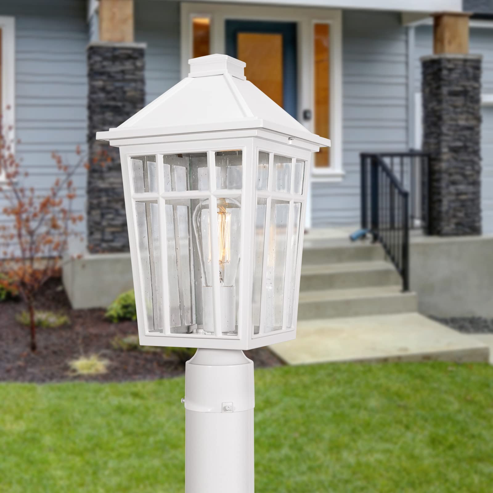 Darkaway Large Waterproof Aluminum Post Light Fixture With Glass For Garden, Patio, Pathway - White