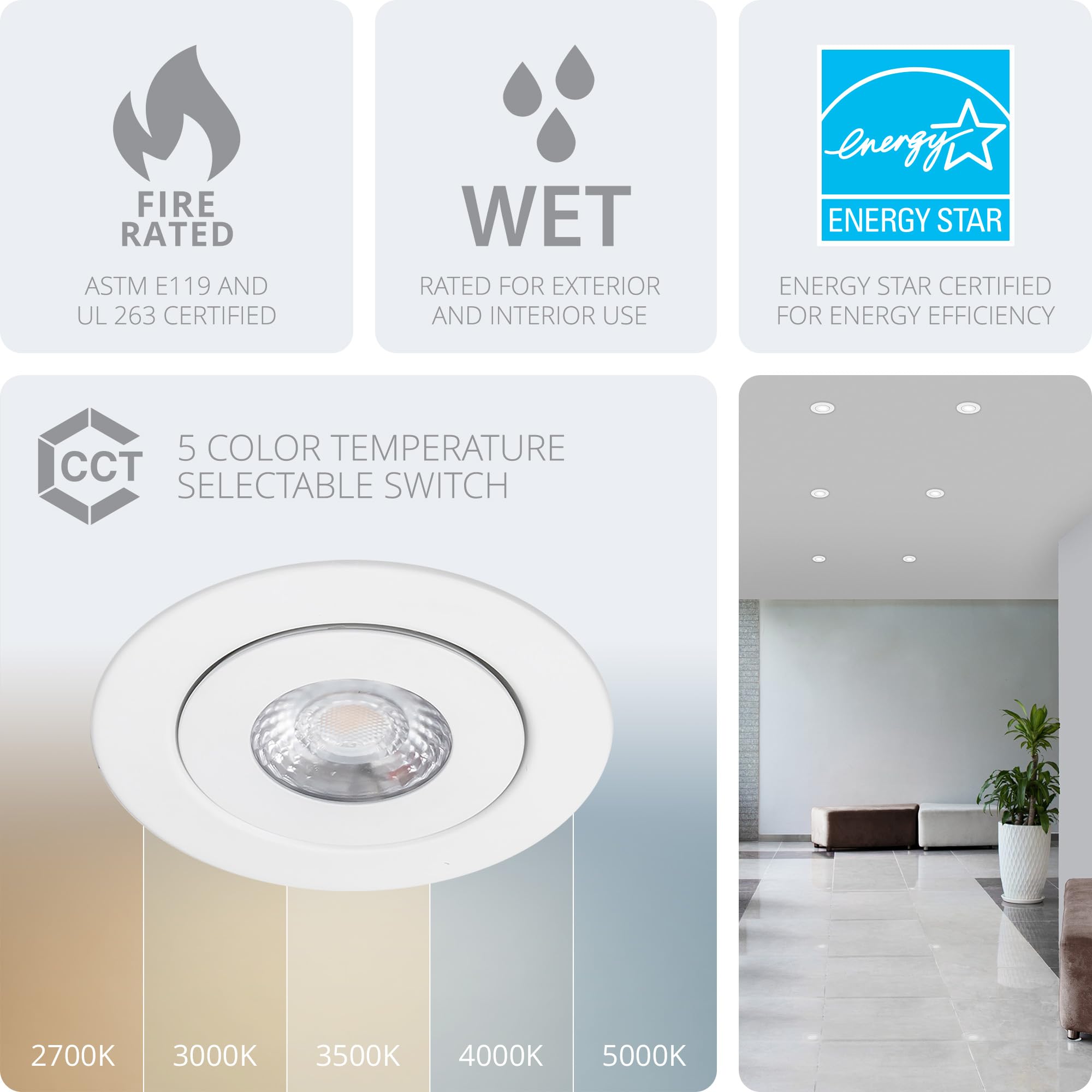 Wac Lighting Lotos 4In Led Round Adjustable Recessed Light 5-Cct Selectable 9W 700 Lumens Ic-Rated Airtight 120V-277V Universal In White 2-Hr Fire Rated