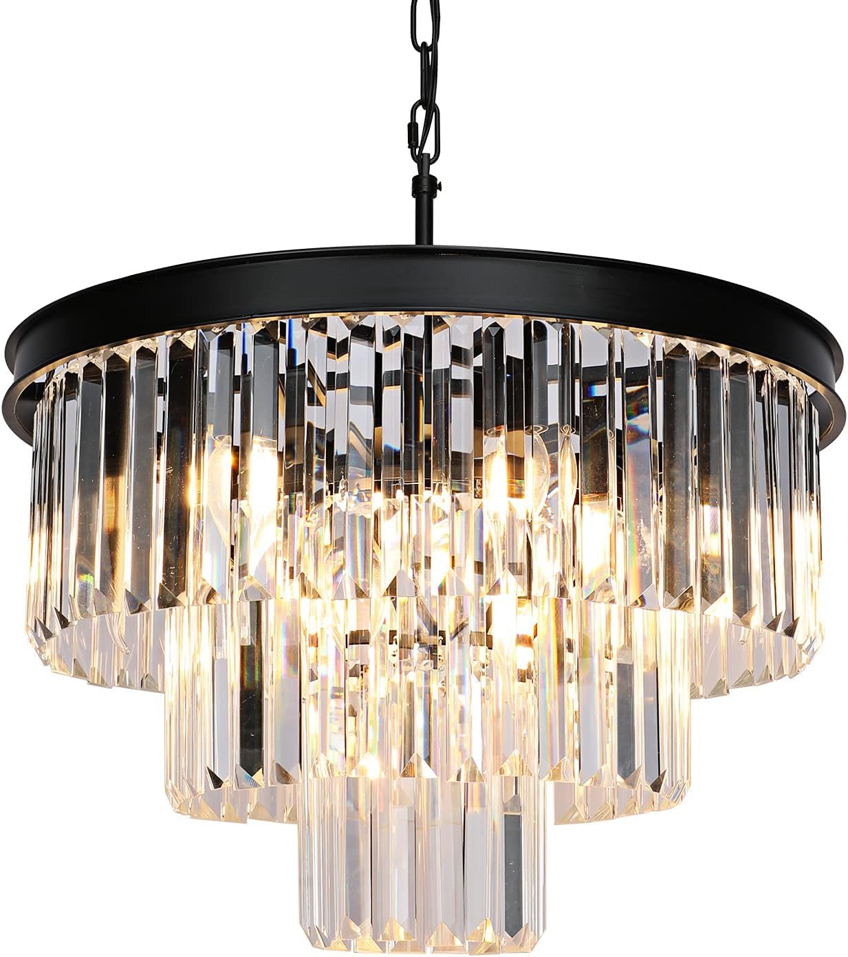 Weesalife 9-Light Black Crystal Chandelier, 3-Tier Round Lighting Fixture For Dining Room, D20&quot;
