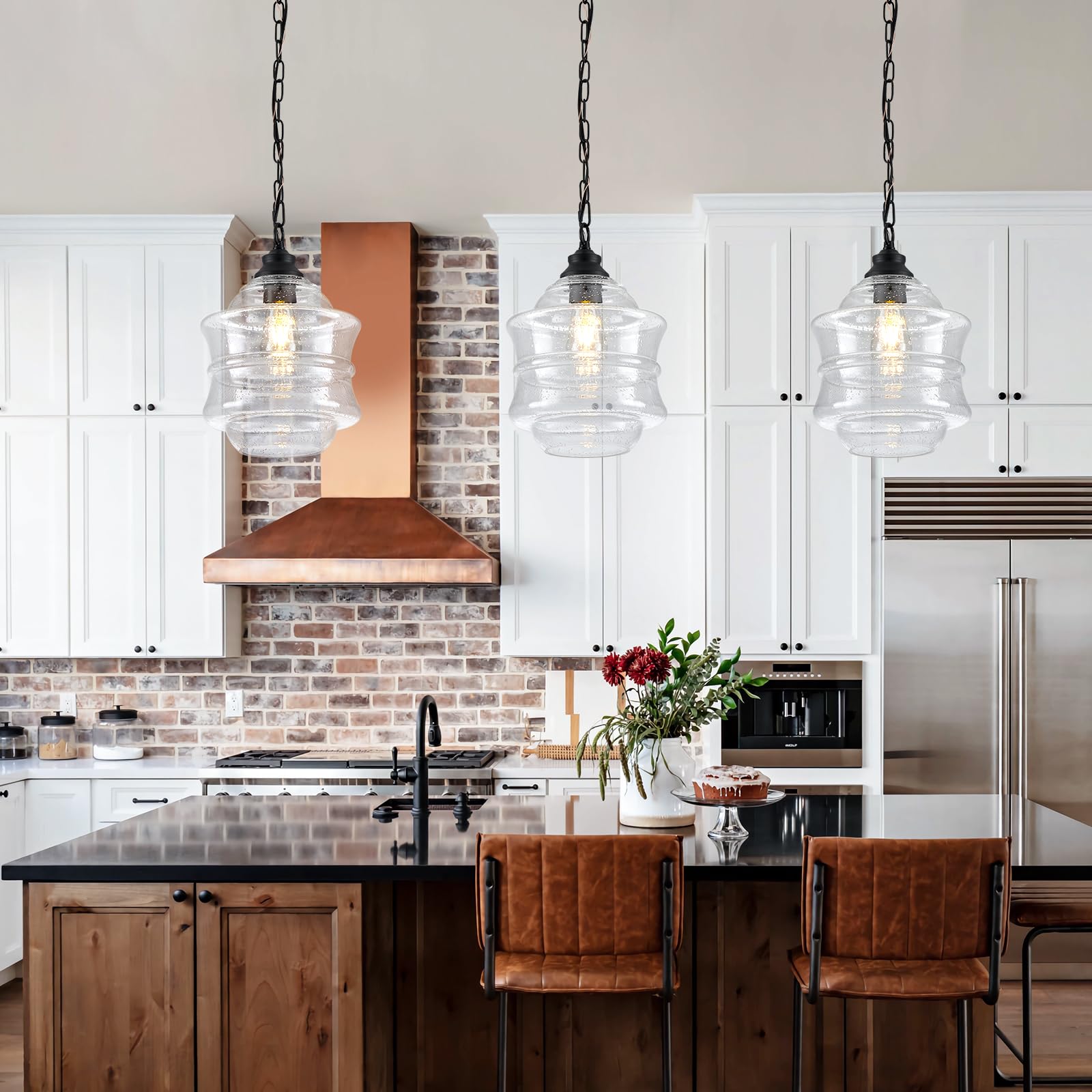 Fookchak Seeded Glass Pendant Lights Black 10Inch Farmhouse Ceiling Pendant Lighting Kitchen Island Large Clear Glass Island Han