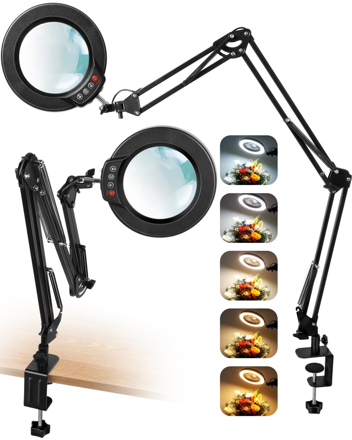 10X Magnifying Glass with Light and Clamp  Ultra Long 3 Section Swing Arm LED Desk Lamp  Real Glass Lens  5 Color Modes Dimmable  Hands Free Lighted Magnifier with Stand for Repair Craft Close Work