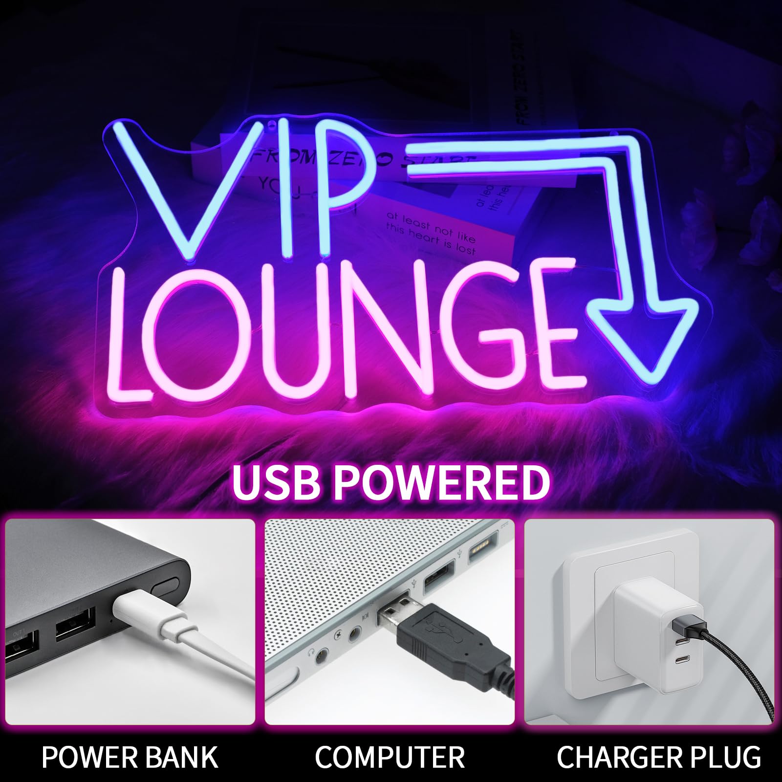 Virlusy Neon Sign for Wall Decor, Dimmable LED Light, Medium, Acrylic, Pink Blue, Model YL-Vip Lounge