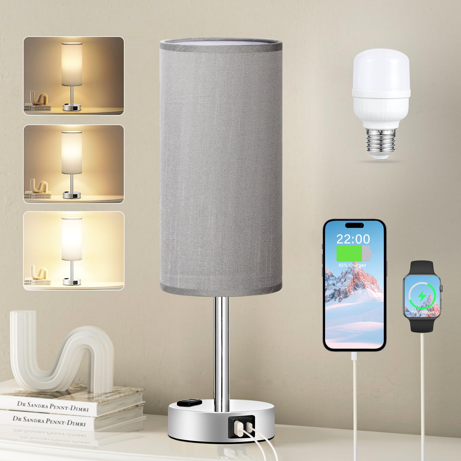 Fenmzee Grey Nightstand Table Lamp for Bedroom - 3 Way Dimmable Bedside Lamp USB C A Charging Ports and AC Outlet, Small Table L