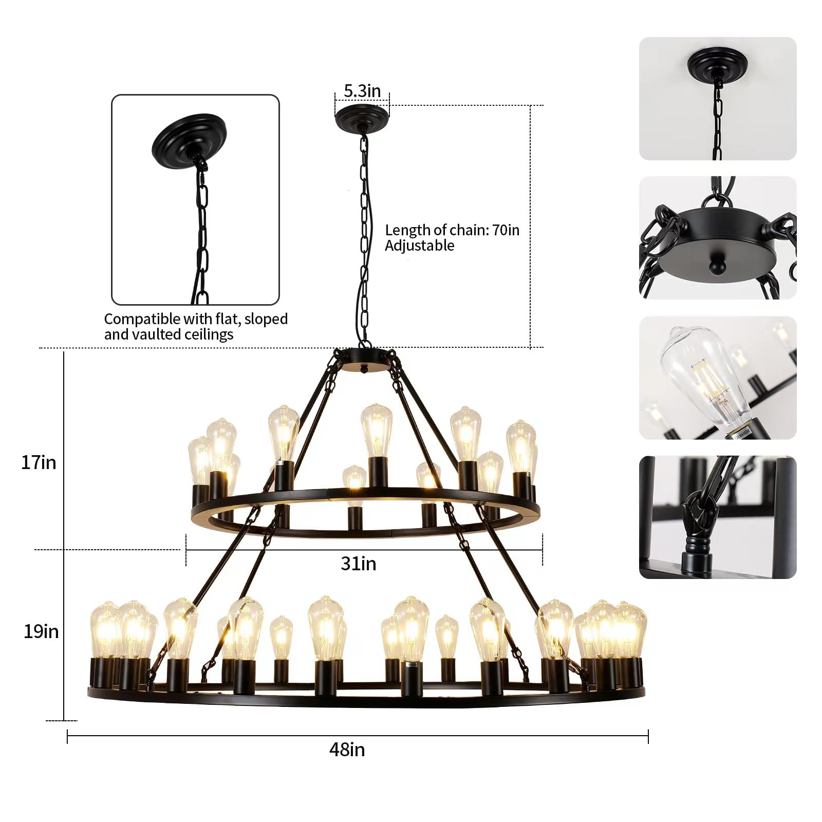WOGON WEEL 2-Tier 48-Inch Black Wagon Wheel Chandelier, 36-Light Rustic Pendant Light for High Ceilings, Farmhouse Industrial Style