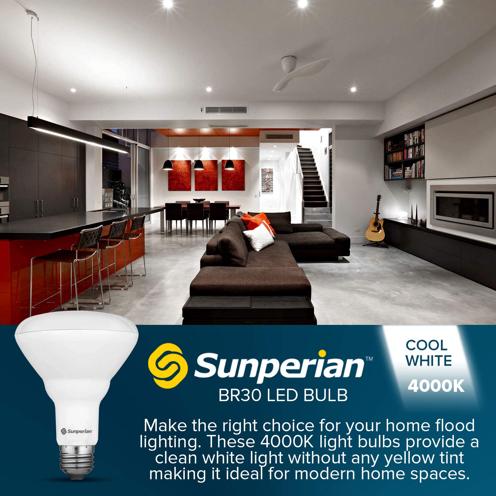 SUNPERIAN BR30 LED Bulb, 8.5W=65W, 4000K Cool White, Dimmable, 800 Lumens, 6 Pack, E26 Base