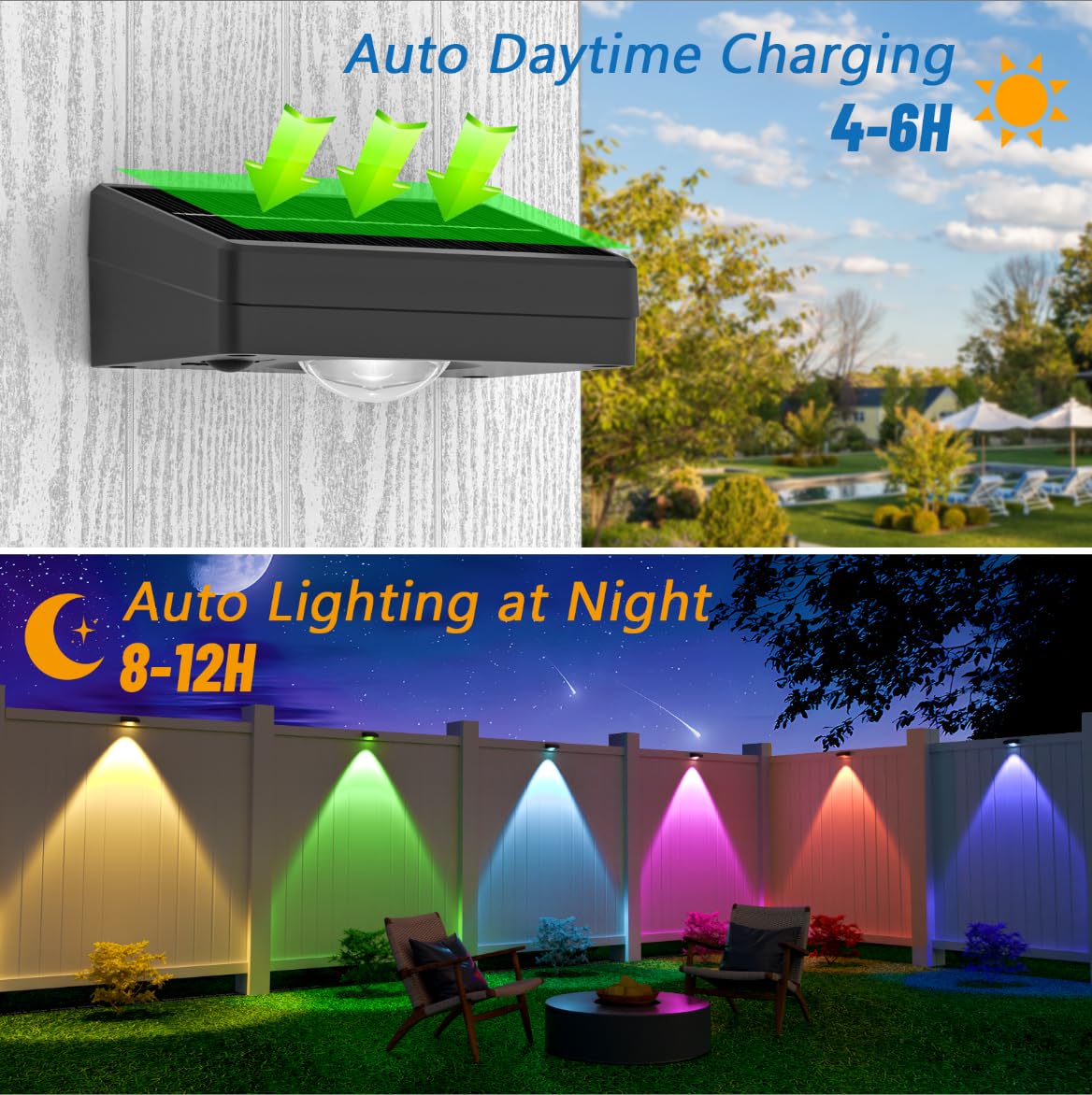 NIORSUN Solar Fence Lights, 8 Pack LED Waterproof Warm & Cool White RGB, Black, Model 16399LGTF for Patio, Deck, Pool Decor