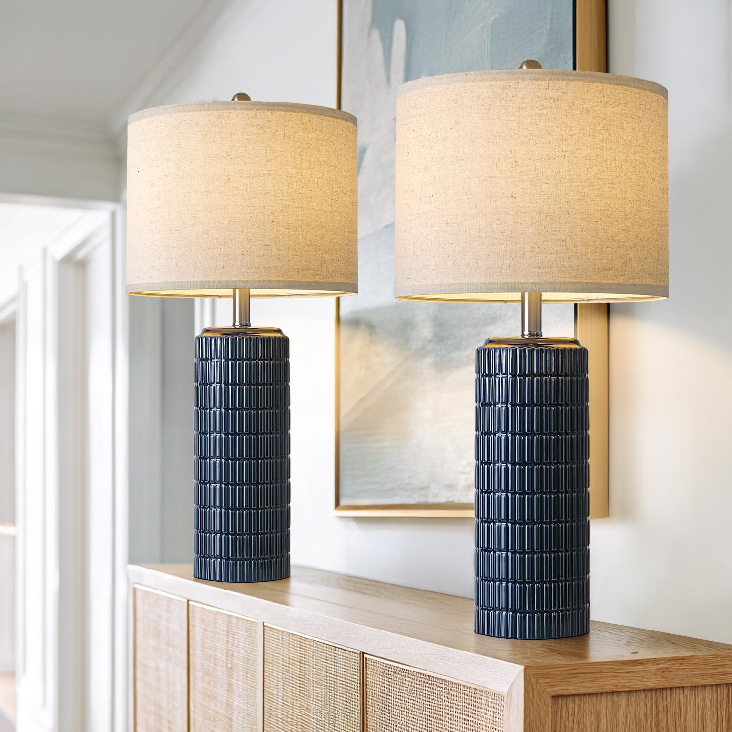 PoKat 27.5" Tall Ceramic Table Lamps Set of 2 - Dark Blue Nightstand Lighting for Living Room and Bedroom - Model AMZ-T1102L-BL