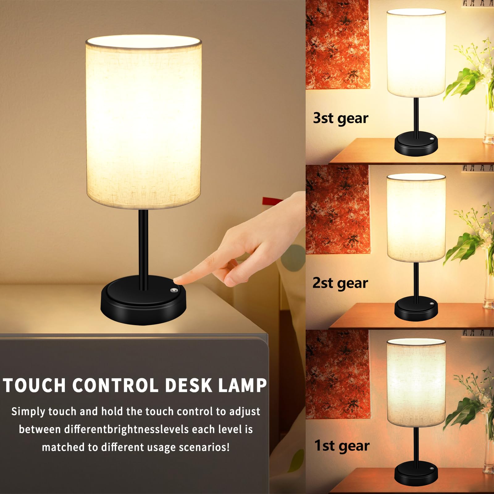 Lhyuetong 2-Piece Cordless Led Desk Lamp, Modern Minimalist Touch Lamp With Three-Level Brightness Adjustment, Linen Lampshade,