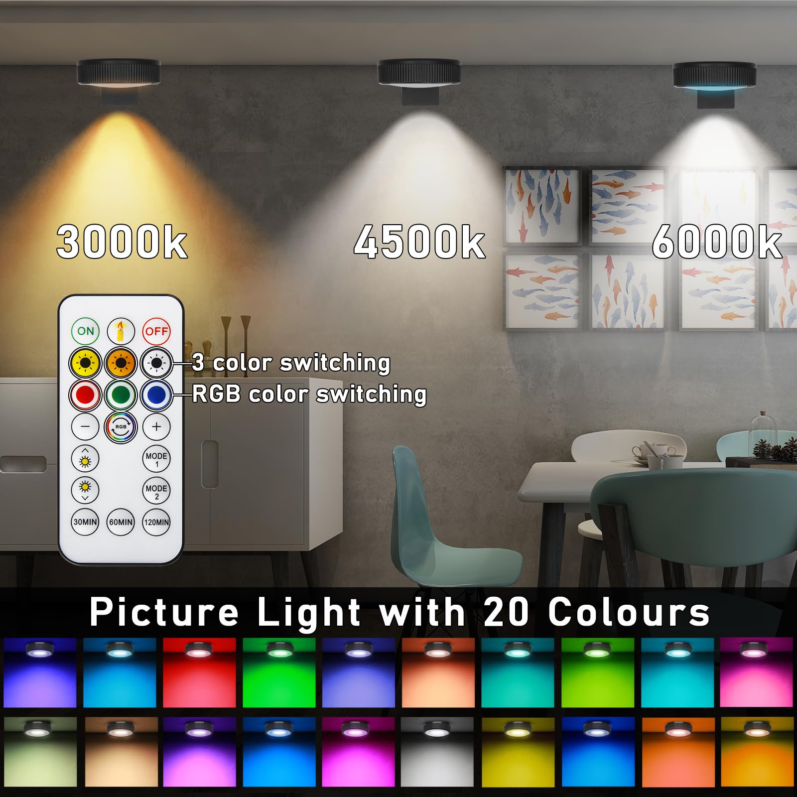 SNKIZN Battery-Powered Magnetic Wireless Picture Lights, RGB, Dimmable, Timer, 2 Pack, White, Plastic