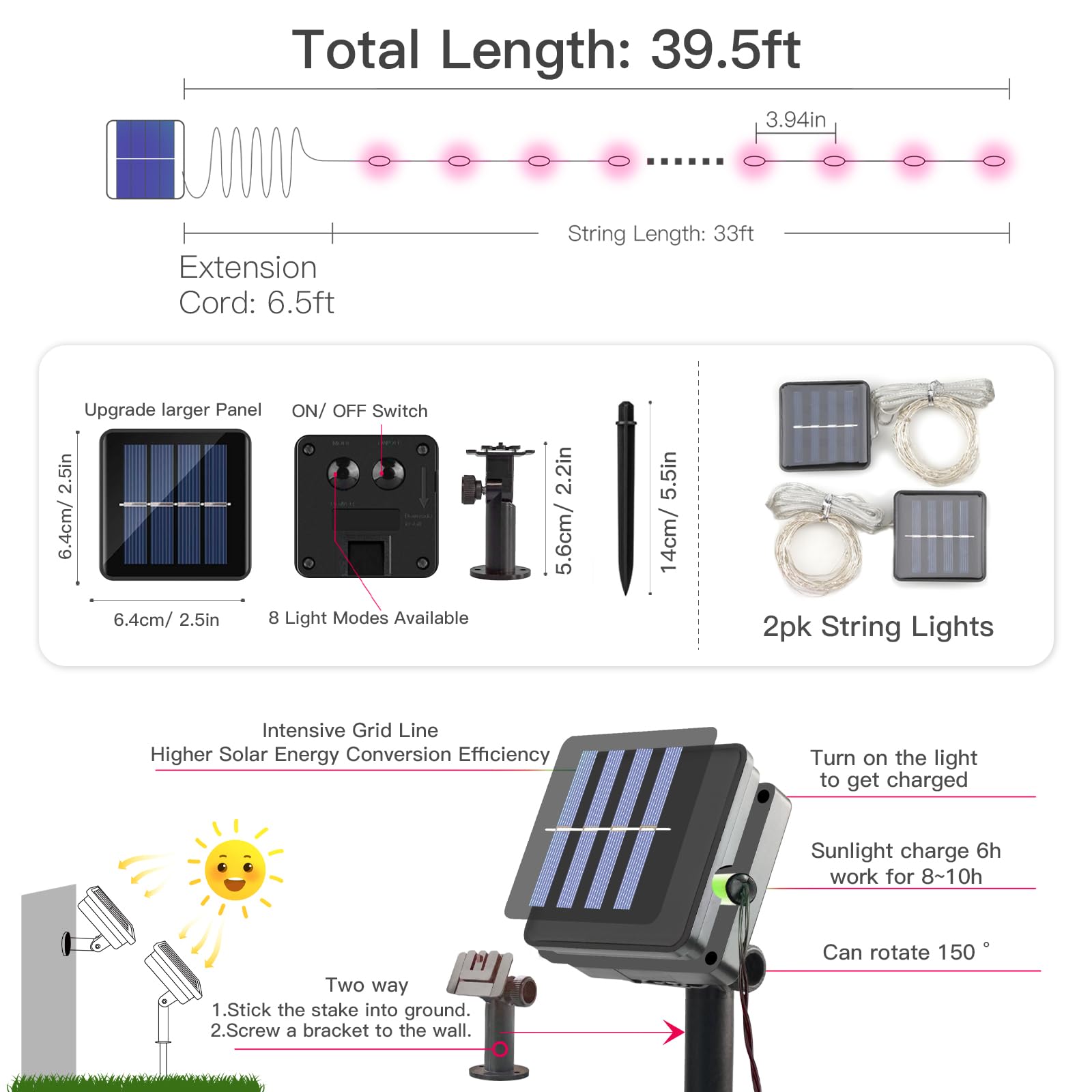 Suddus Pink Solar String Lights For Outside, 2 Pack Total 66Ft 200 Led Pink Fairy Light Outdoor, 8 Modes Solar Twinkle Light For